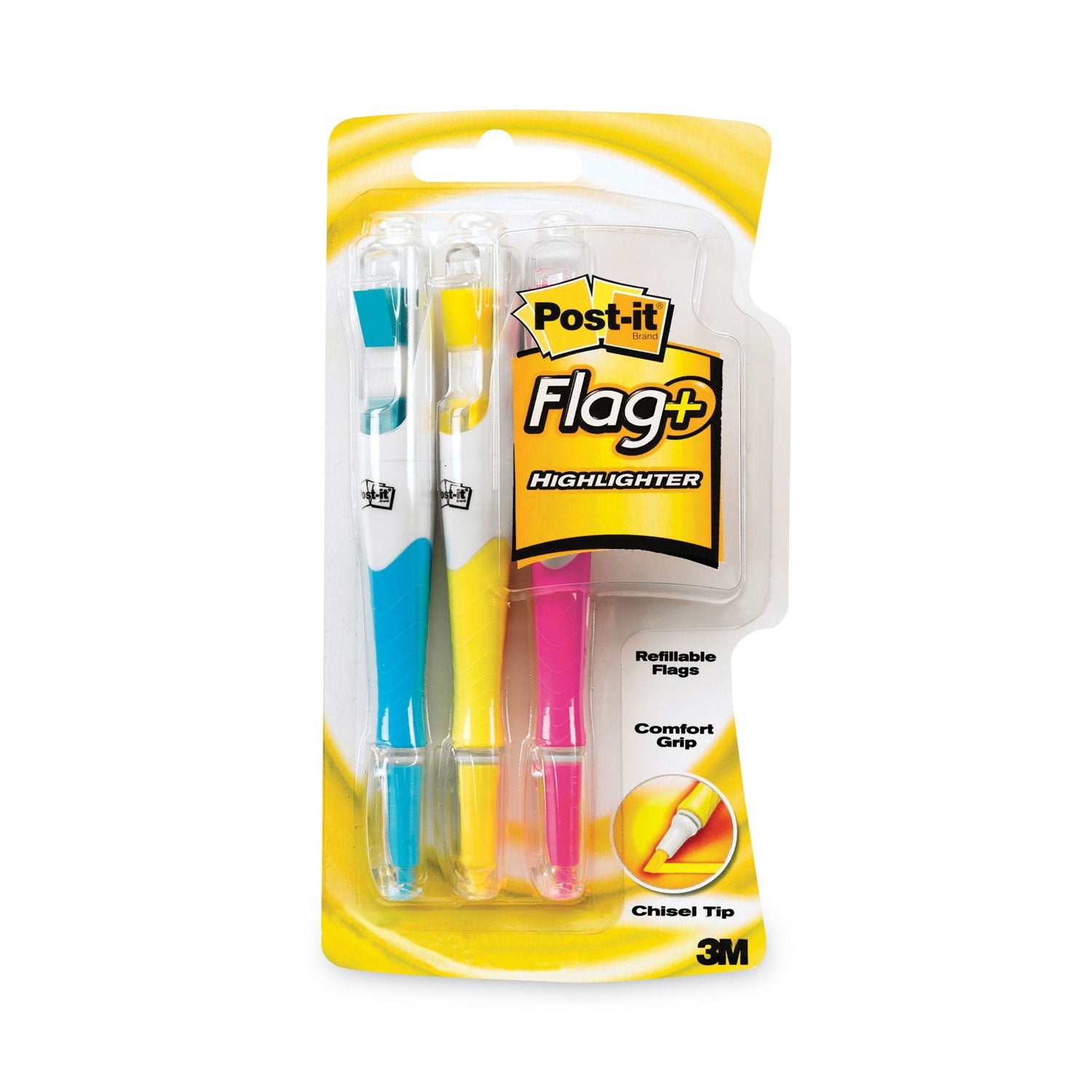 Post-it® Flag+ Highlighter, Assorted Ink/flag Colors, Chisel Tip, Assorted Barrel Colors, 3/pack