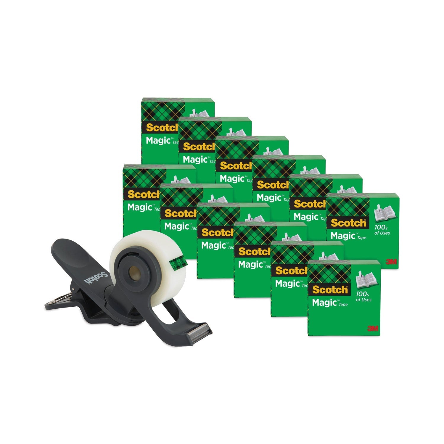Scotch® Clip Dispenser Value Pack With 12 Rolls Of Tape, 1" Core, Plastic, Charcoal