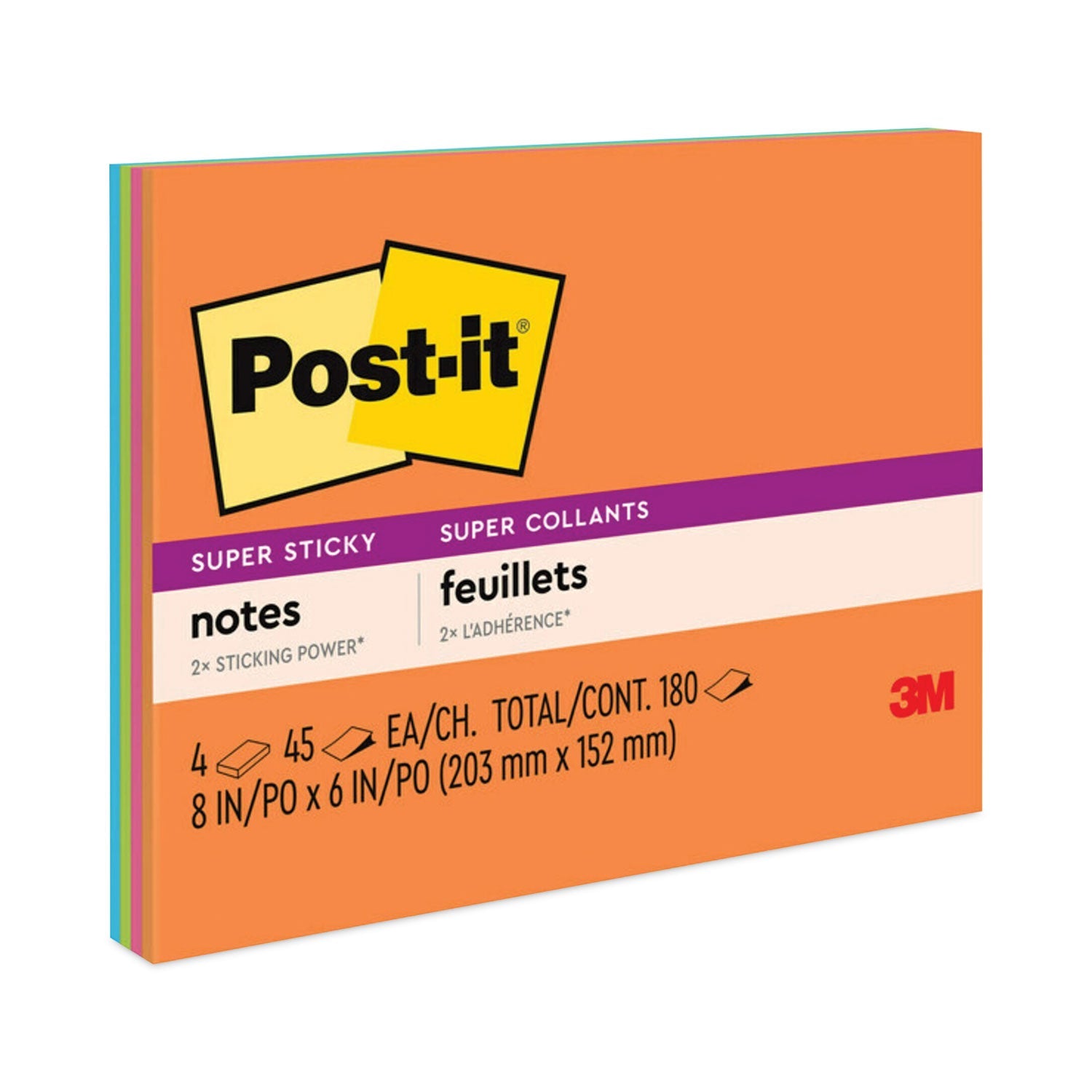 Post-it® Notes Super Sticky Meeting Notes in Energy Boost Collection Colors, 8" x 6", 45 Sheets/Pad, 4 Pads/Pack