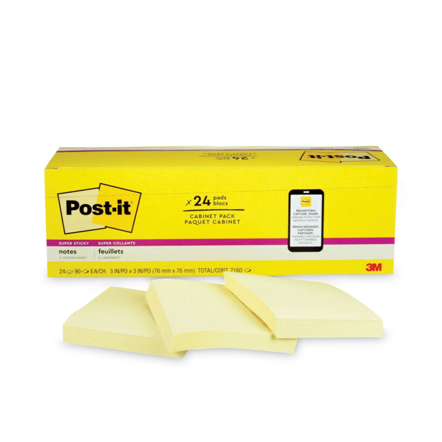 Post-it® Notes Super Sticky Pads in Canary Yellow, Cabinet Pack, 3" x 3", 90 Sheets/Pad, 24 Pads/Pack