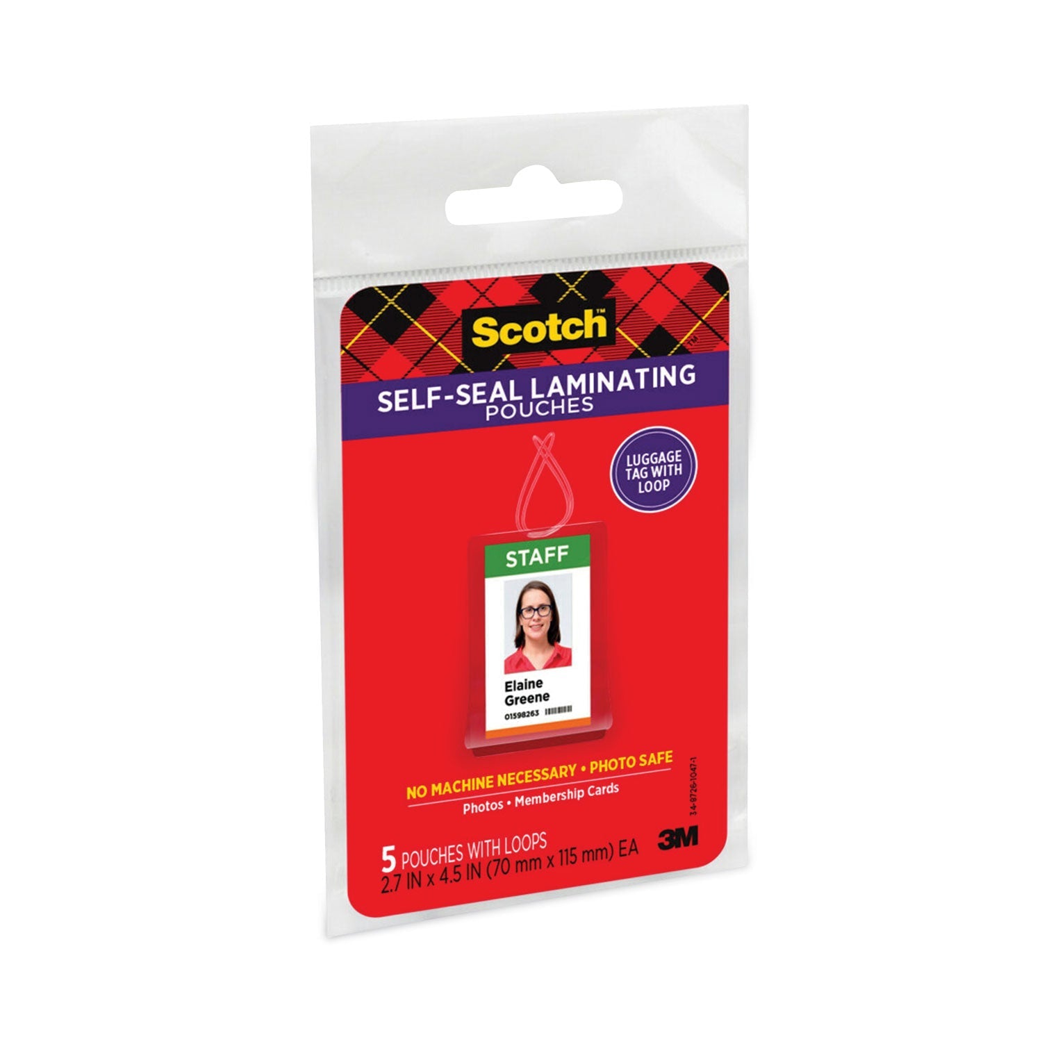 Scotch™ Self-Sealing Laminating Pouches, 12.5 Mil, 2.81" X 4.5", Gloss Clear, 5/pack