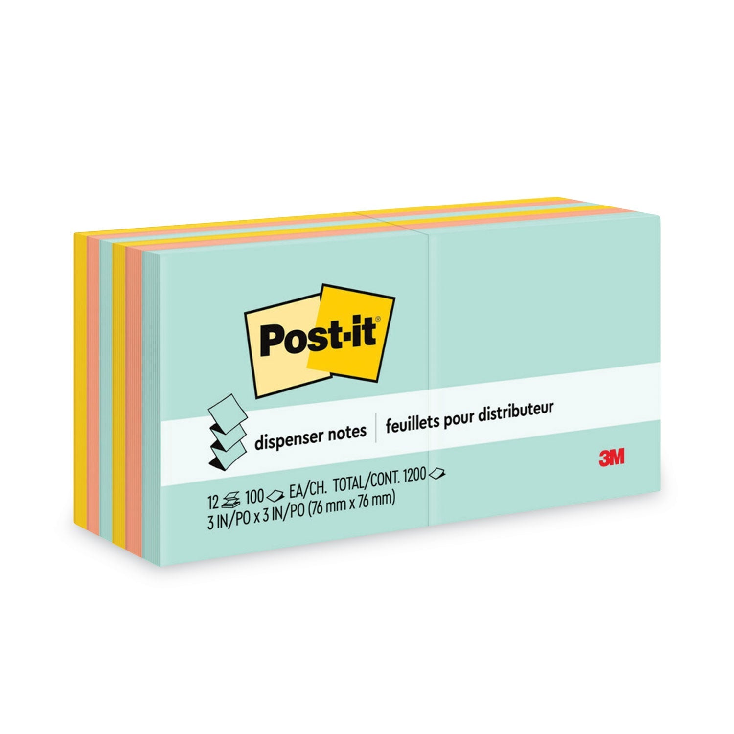 Post-it® Dispenser Notes Original Pop-up Refill Value Pack, 3" x 3", Beachside Cafe Collection Colors, 100 Sheets/Pad, 12 Pads/Pack