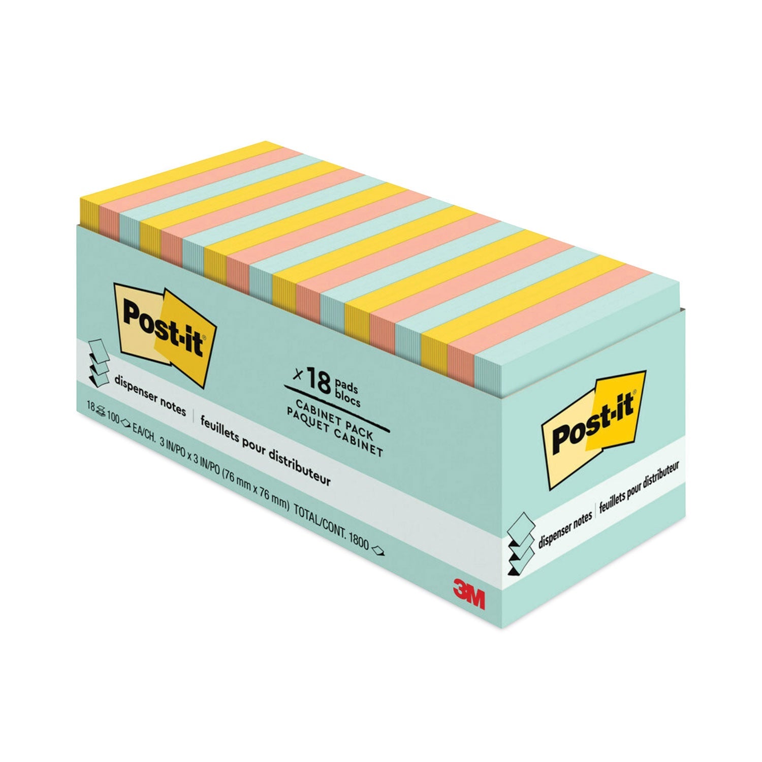 Post-it® Dispenser Notes Original Pop-up Refill Cabinet Pack, 3" x 3", Beachside Cafe Collection Colors, 100 Sheets/Pad, 18 Pads/Pack