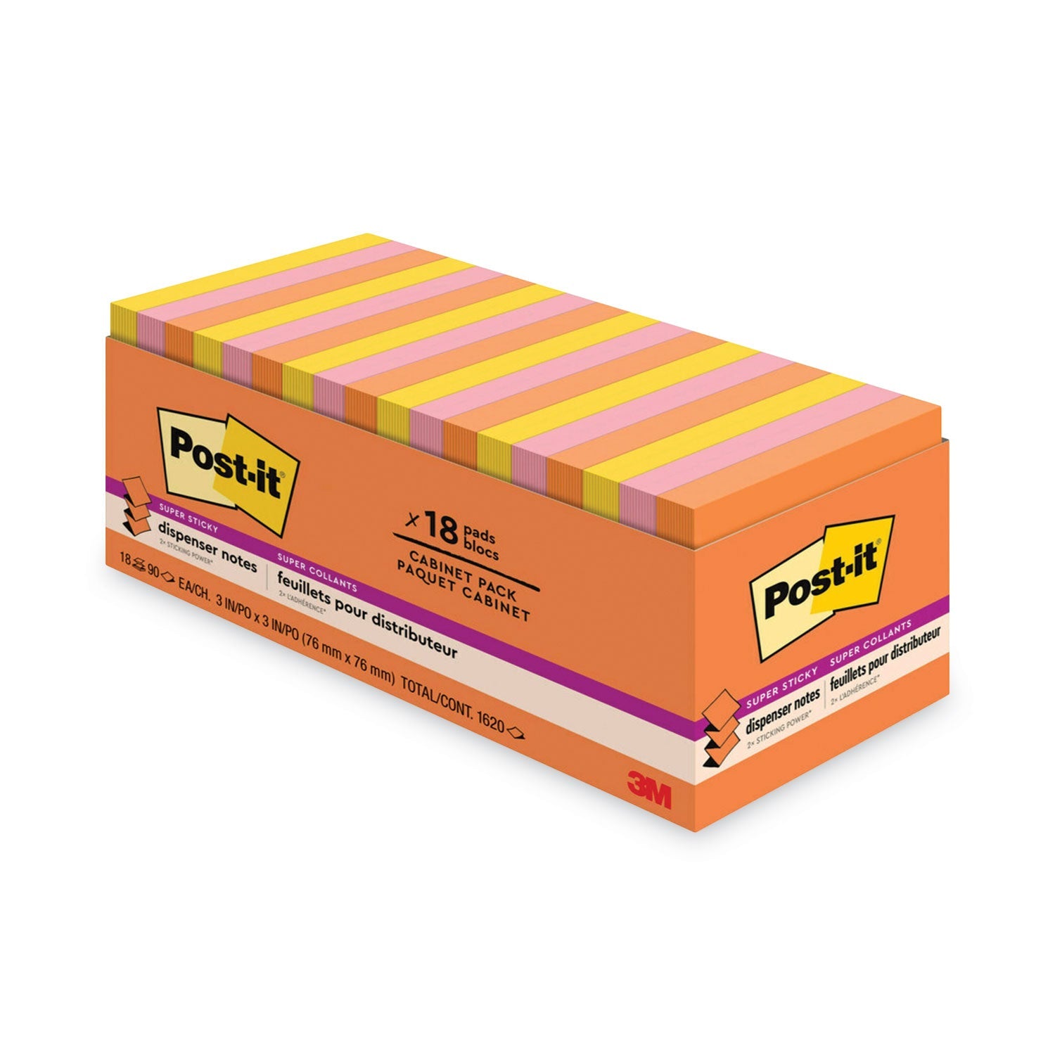 Post-it® Dispenser Notes Super Sticky Pop-up 3 x 3 Note Refill, 3" x 3", Energy Boost Collection Colors, 90 Sheets/Pad, 18 Pads/Pack