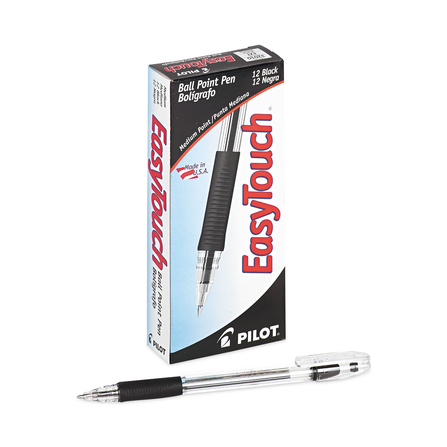 Pilot® EasyTouch Ballpoint Pen, Stick, Medium 1 mm, Black Ink, Clear/Black Barrel, Dozen