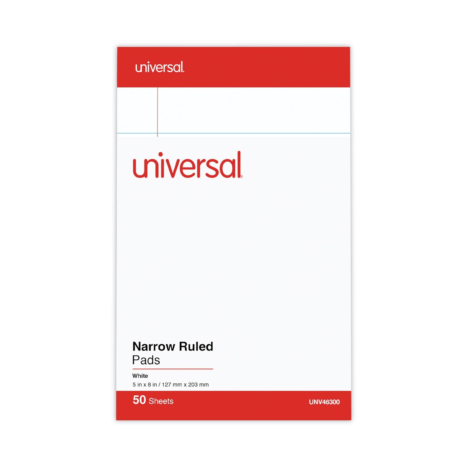 Universal® Perforated Ruled Writing Pads, Narrow Rule, Red Headband, 50 White 5 X 8 Sheets, Dozen