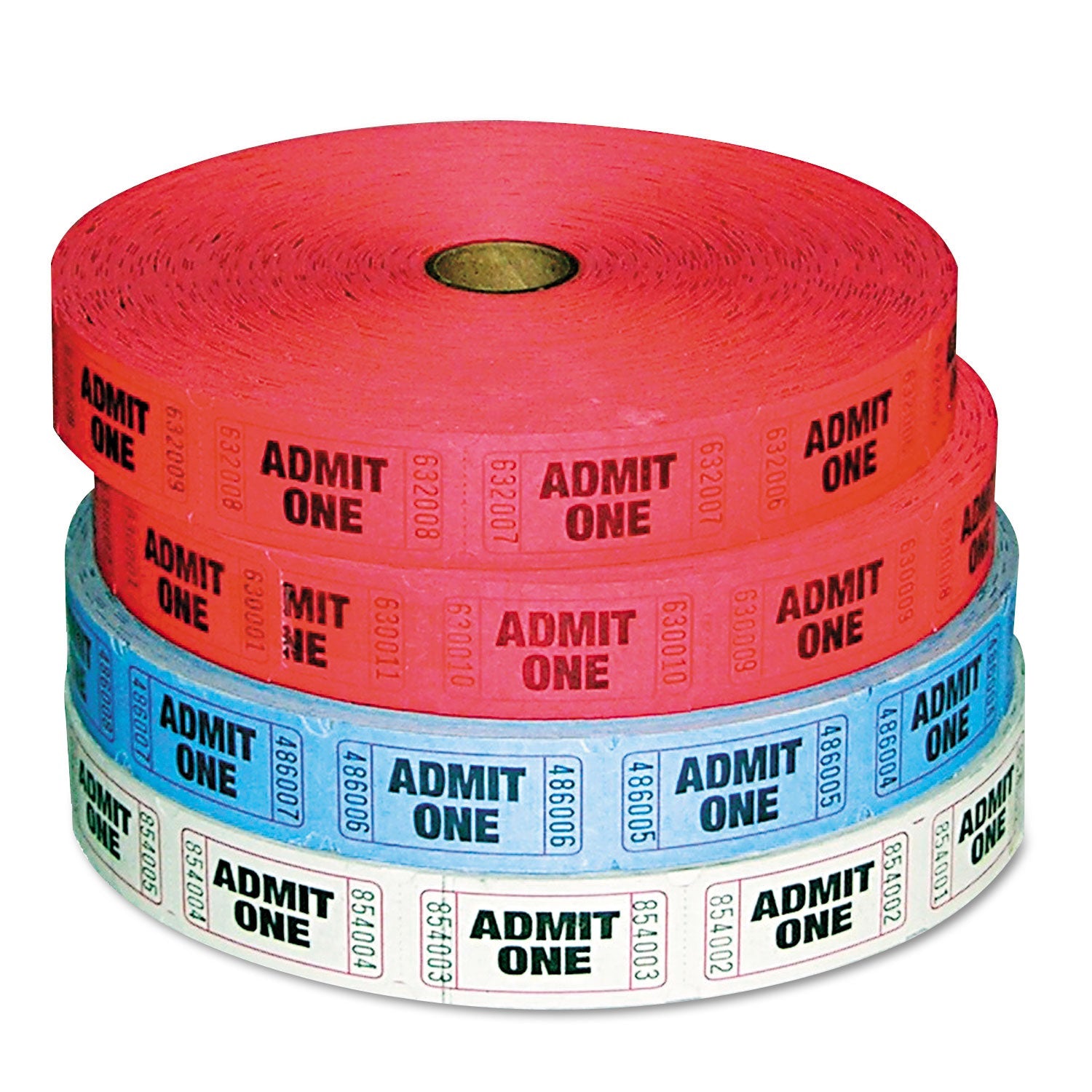 Iconex™ Admit-One Ticket Multi-Pack, 2 Red, 1 Blue, 1 White, 2,000/Roll, 4 Rolls/Pack