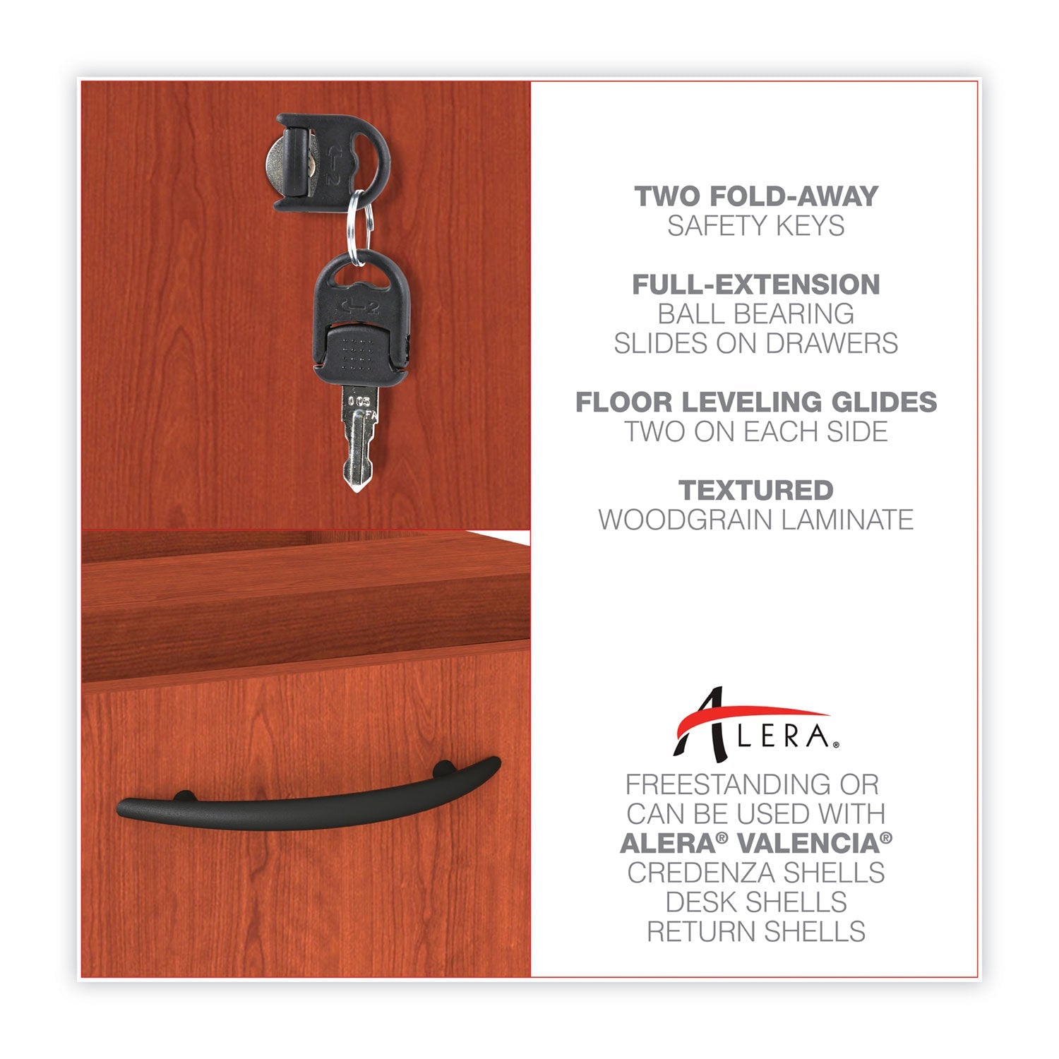 Alera® Alera Valencia Series Full Pedestal File, Left/right, 3-Drawers: Box/box/file, Legal/letter, Cherry, 15.63" X 20.5" X 28.5"