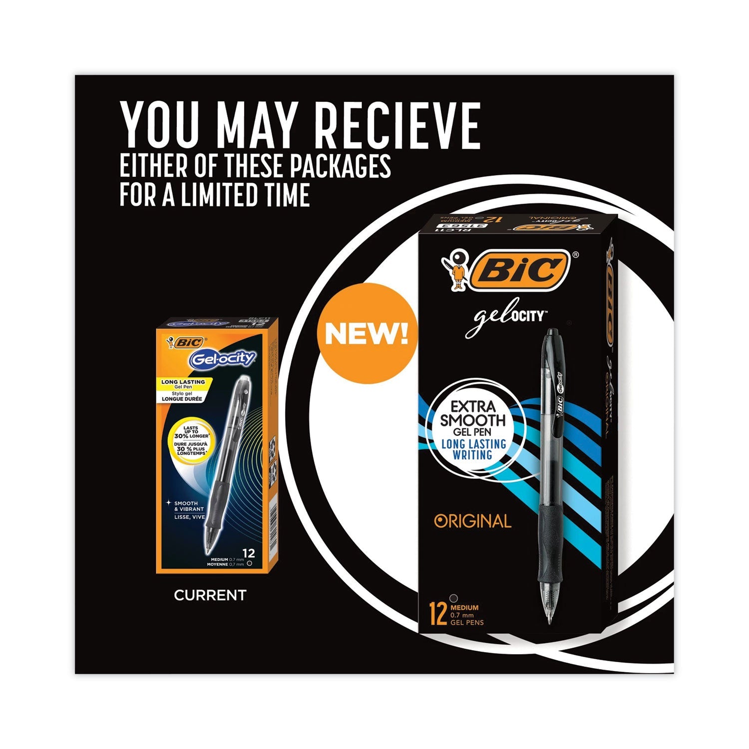 BIC® Gel-Ocity Gel Pen, Retractable, Medium 0.7 Mm, Black Ink, Translucent Black Barrel, Dozen