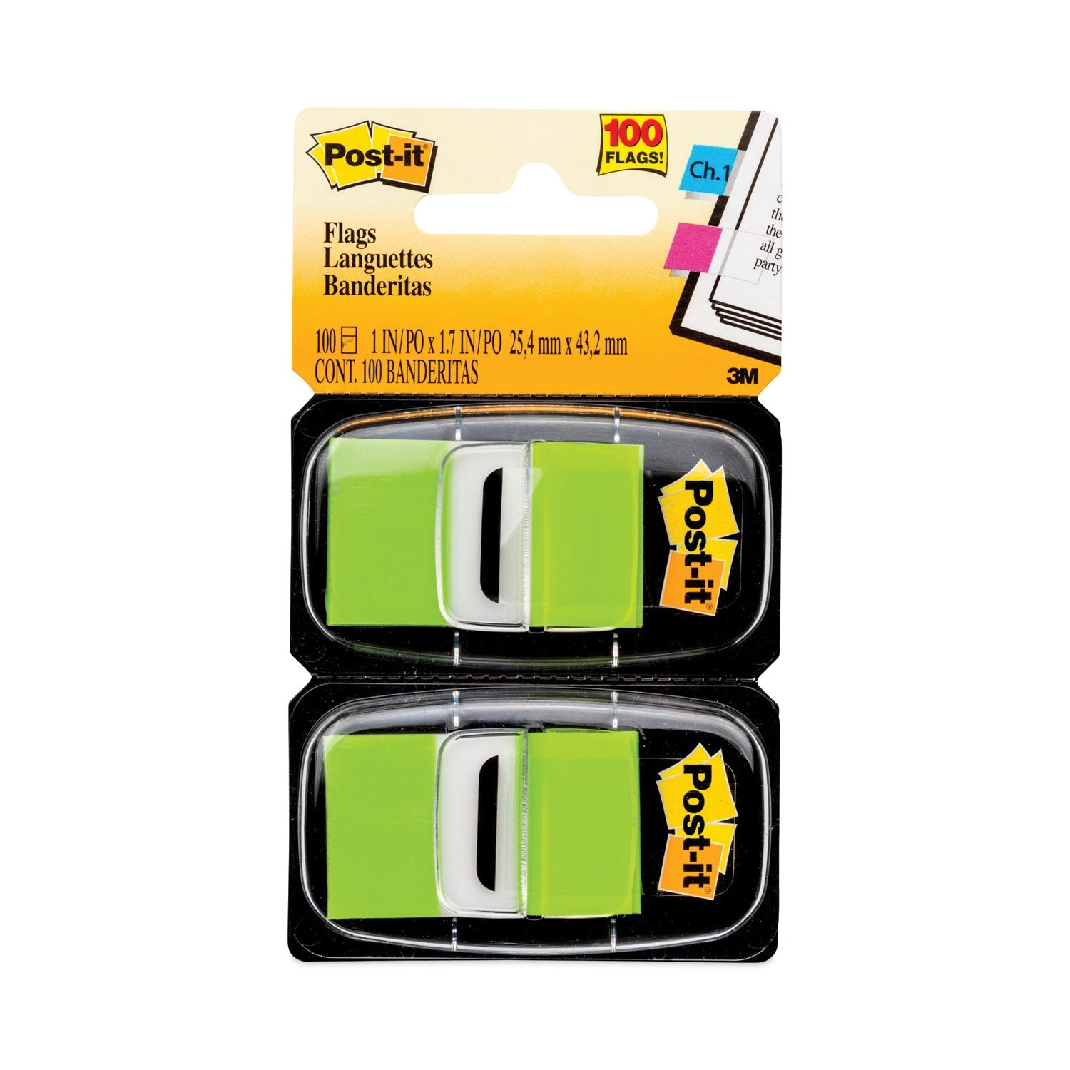 Post-it® Flags Standard Page Flags in Dispenser, Bright Green, 50 Flags/Dispenser, 2 Dispensers/Pack