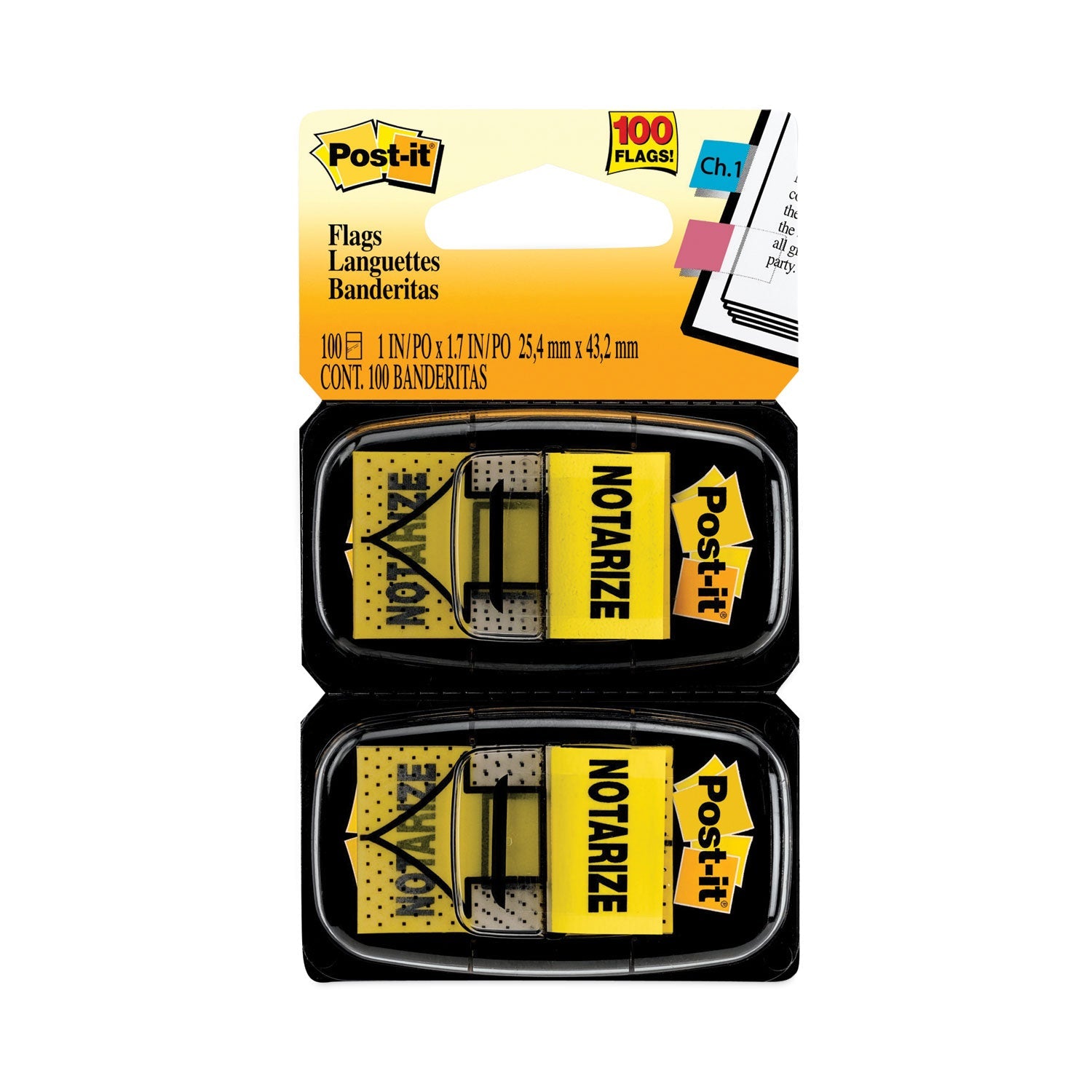 Post-it® Flags Arrow Message 1" Page Flags, "Notarize," Yellow, 50 Flags/Dispenser, 2 Dispensers/Pack