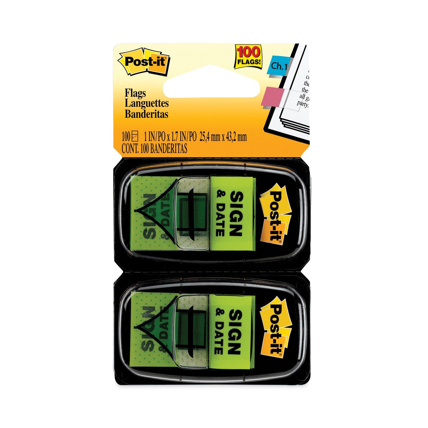 Post-it® Flags Arrow Message 1" Page Flags, "Sign and Date", Green, 50 Flags/Dispenser, 2 Dispensers/Pack