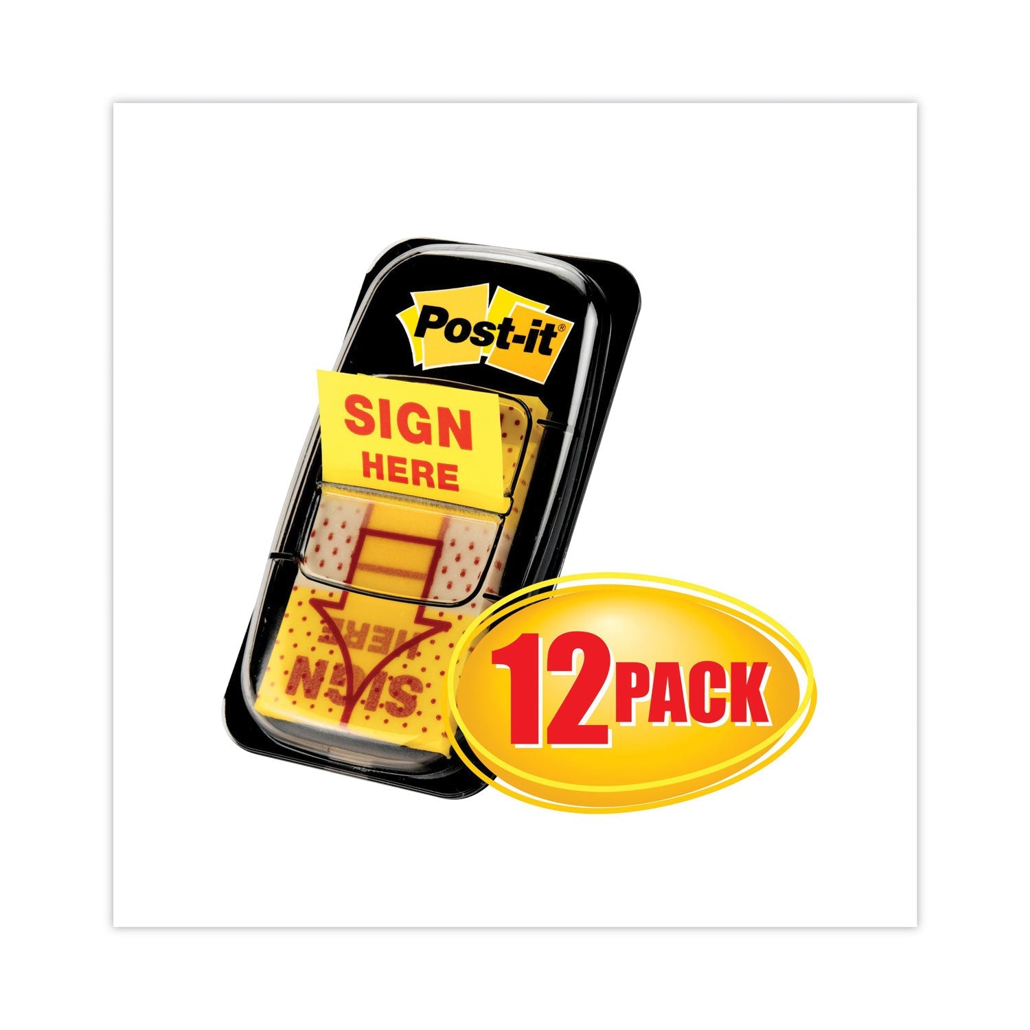 Post-it® Flags Arrow Message 1" Page Flags, Sign Here, Yellow, 50 Flags/Dispenser, 12 Dispensers/Pack