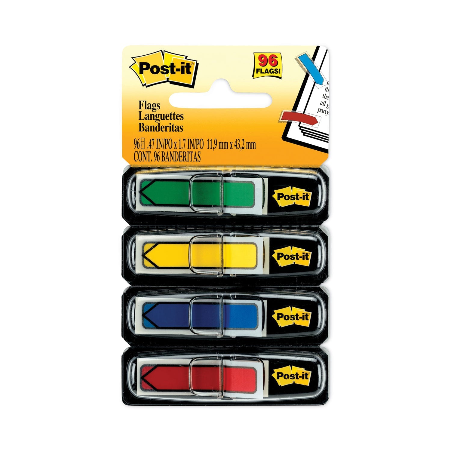 Post-it® Flags Arrow 0.5" Page Flags, Assorted Primary, 24/Color, 96 Flags/Pack