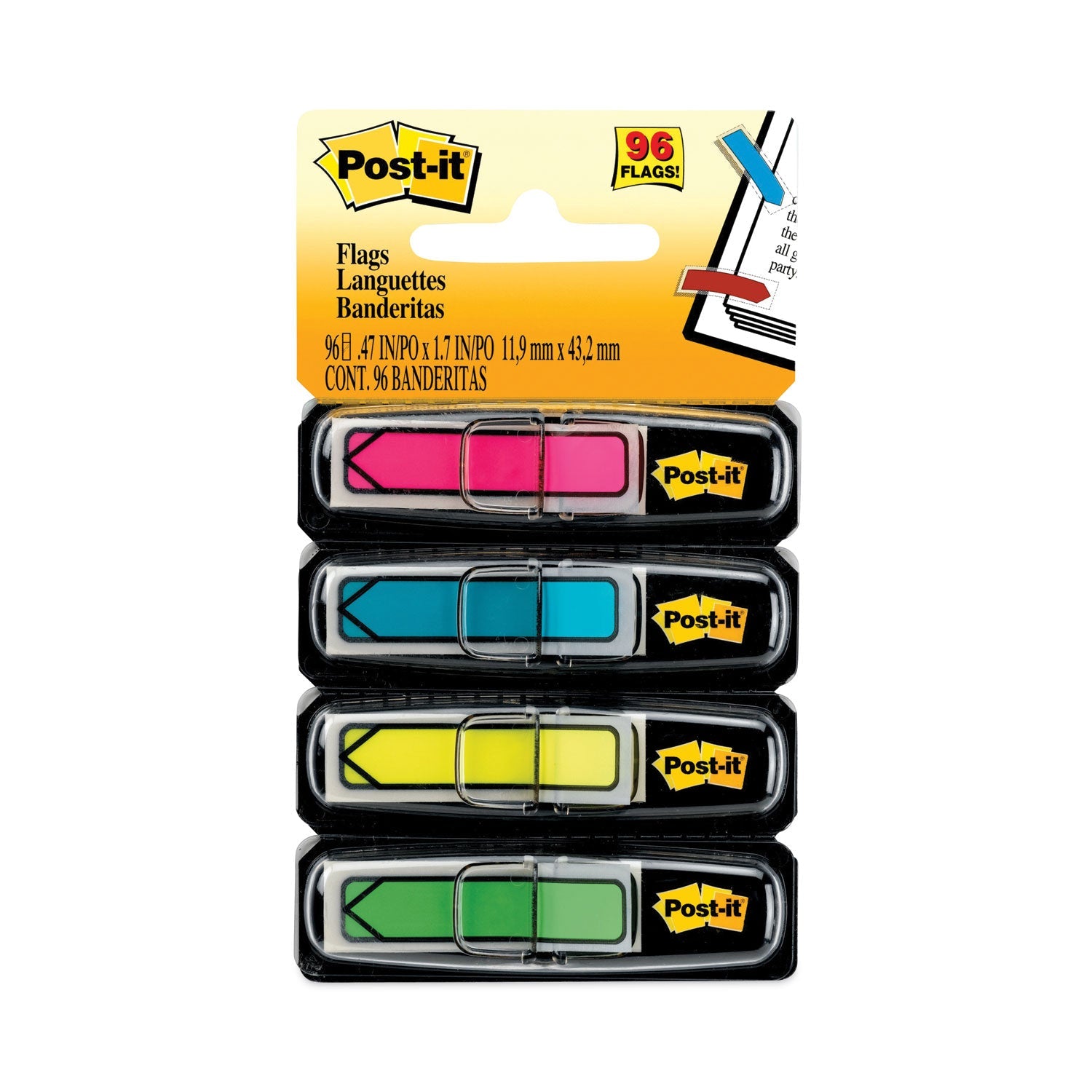 Post-it® Flags Arrow 0.5" Page Flags, Four Assorted Bright Colors, 24/Color, 96 Flags/Pack