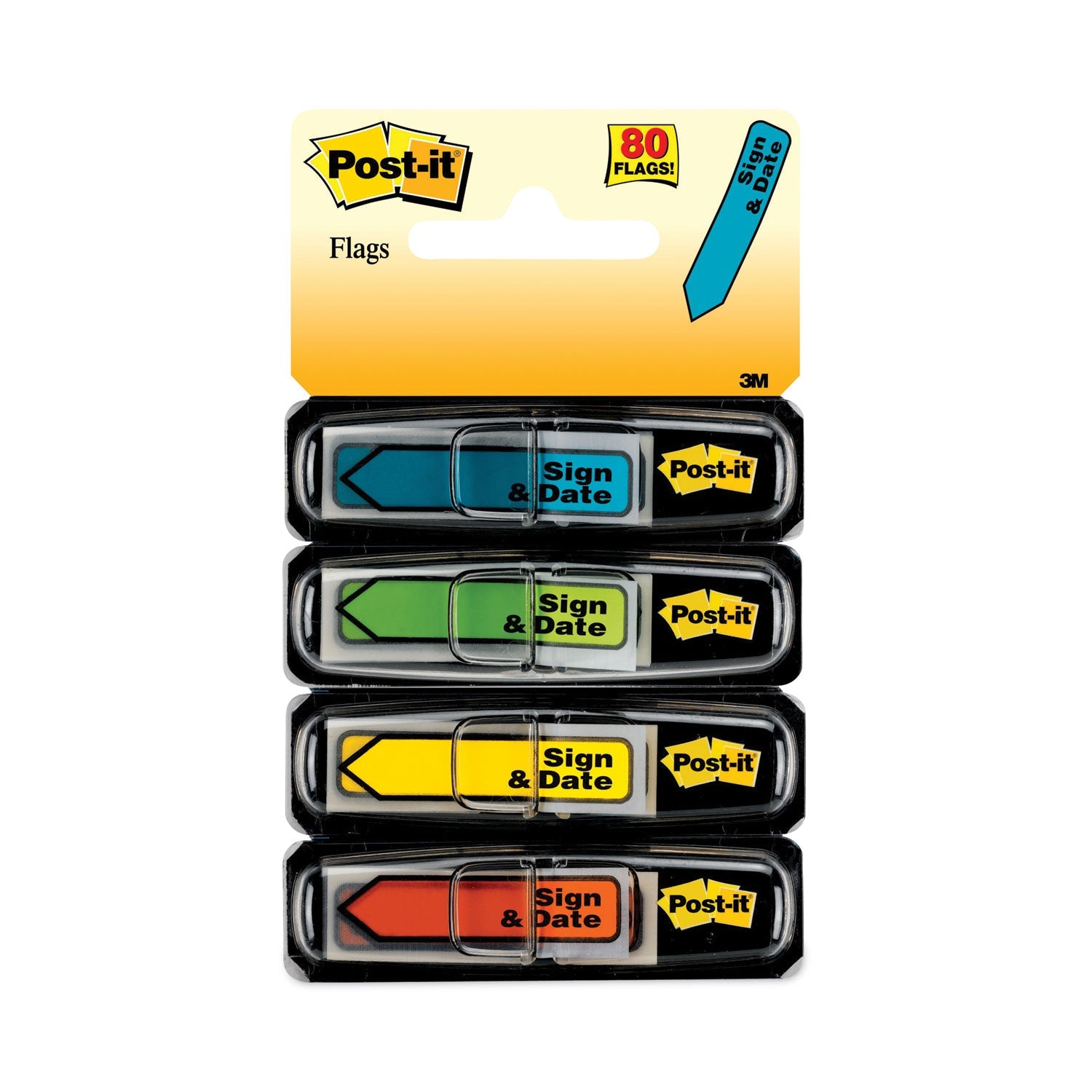 Post-it® Flags Arrow Message 0.5" Page Flags, Sign and Date, 4 Primary Colors, 20 Flags/Dispenser, 4 Dispensers/Pack