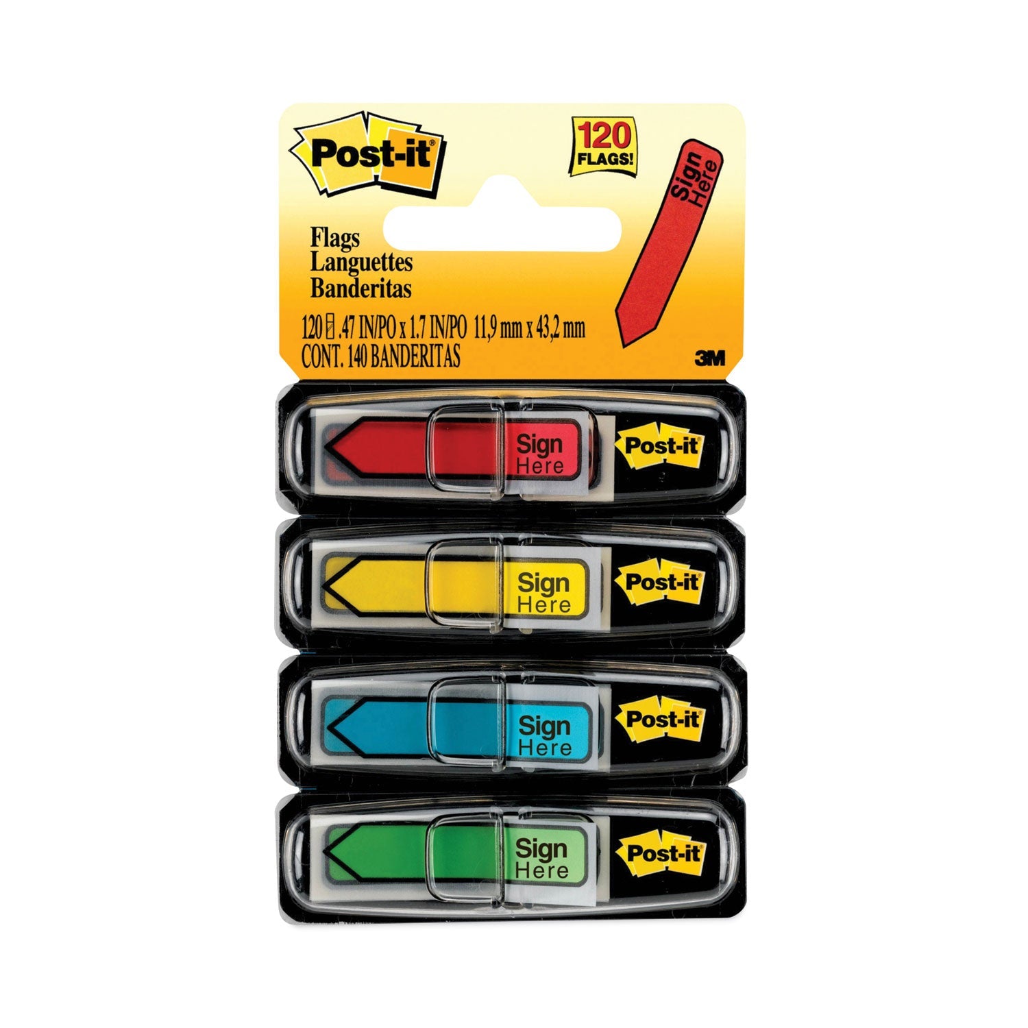 Post-it® Flags Arrow Message 0.5" Page Flags w/Dispensers, "Sign Here", Asst Primary, 30 Flags Dispenser, 4 Dispensers/Pack