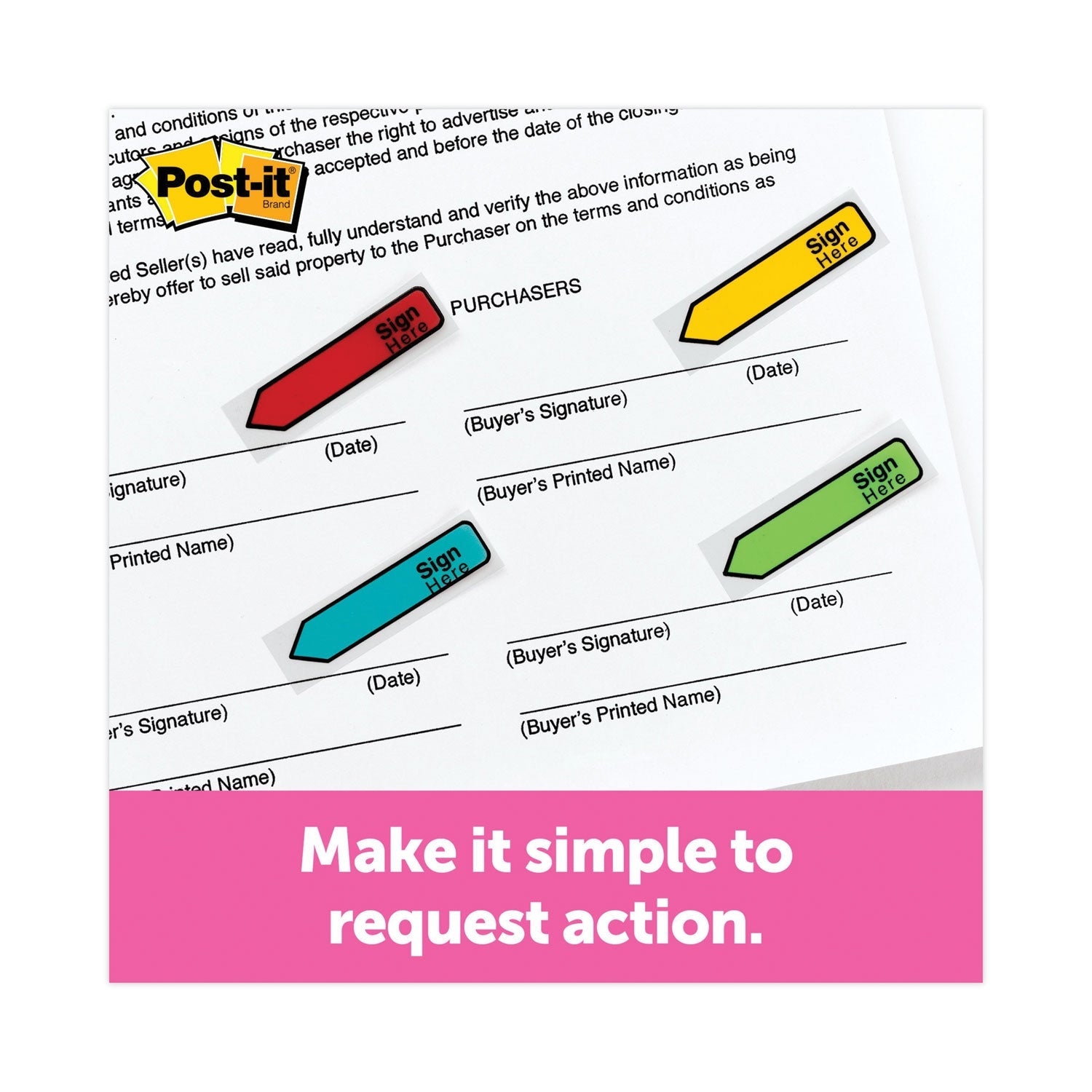 Post-it® Flags Arrow Message 0.5" Page Flags w/Dispensers, "Sign Here", Asst Primary, 30 Flags Dispenser, 4 Dispensers/Pack
