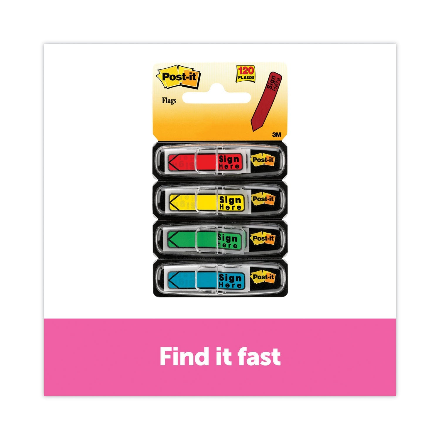 Post-it® Flags Arrow Message 0.5" Page Flags w/Dispensers, "Sign Here", Asst Primary, 30 Flags Dispenser, 4 Dispensers/Pack