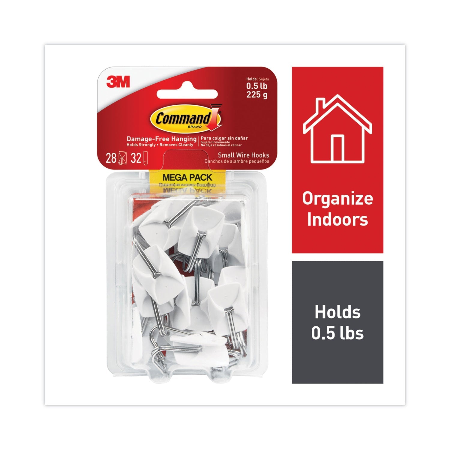 Command™ General Purpose Hooks, Small, Metal, White/Silver, 0.5 lb Capacity, 28 Hooks and 32 Strips/Pack