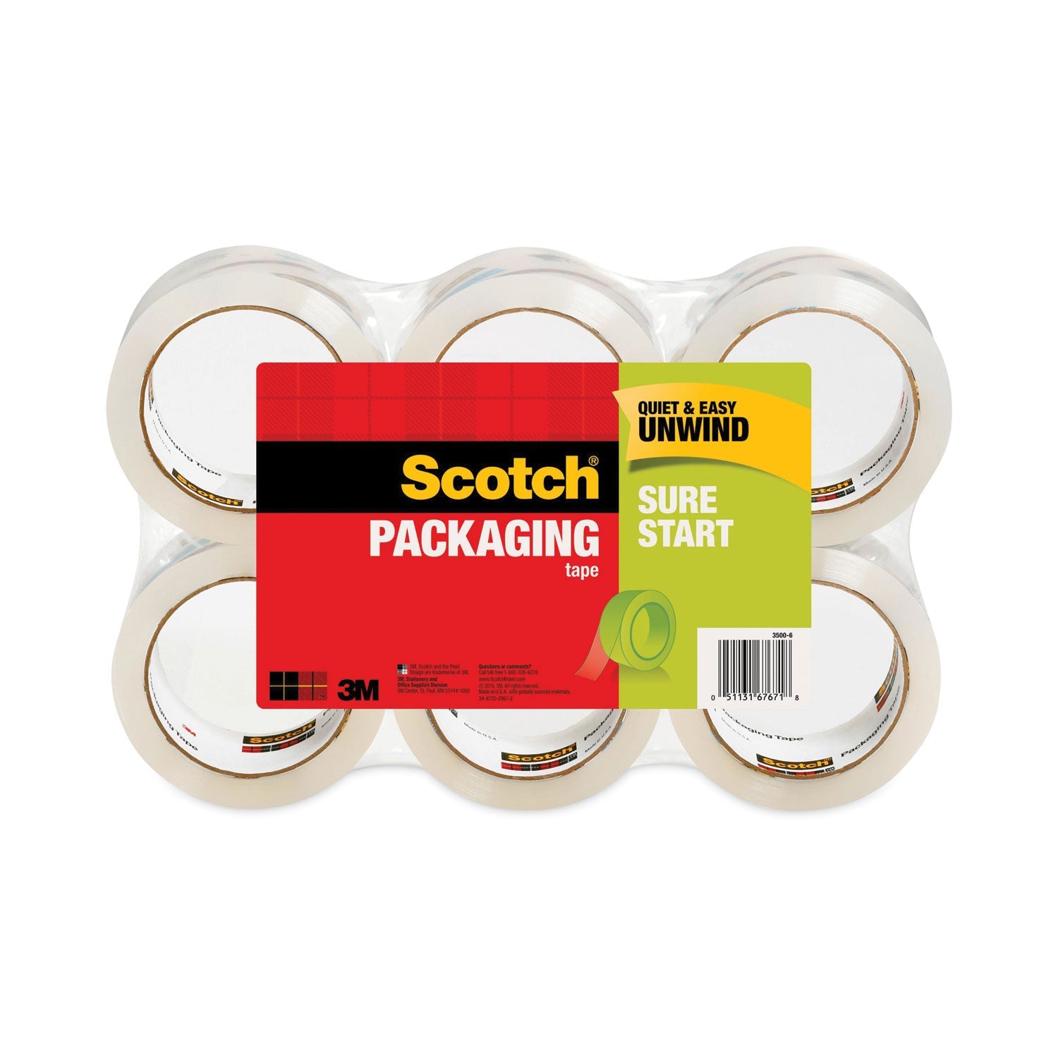 Scotch® Sure Start Packaging Tape, 3" Core, 1.88" X 54.6 Yds, Clear, 6/pack