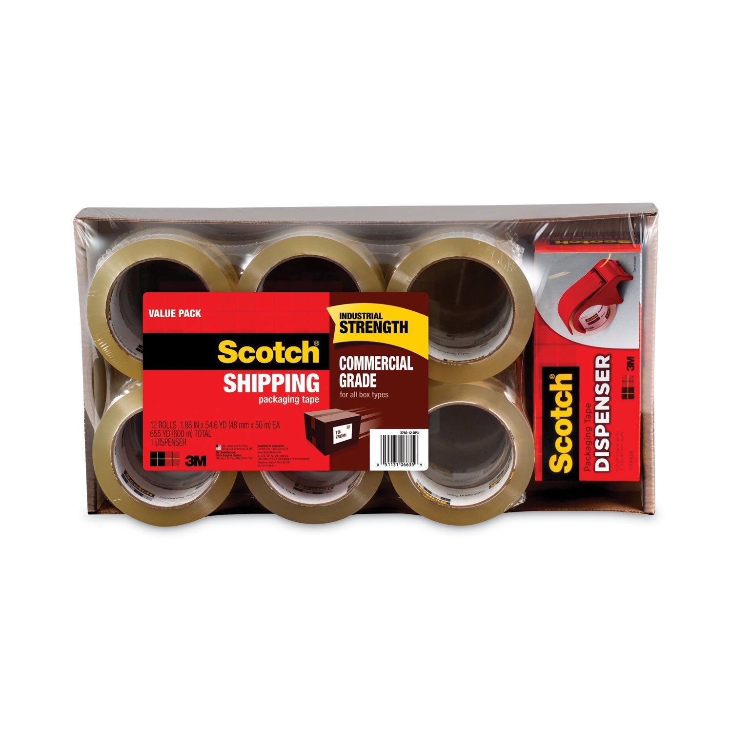 Scotch® 3750 Commercial Grade Packaging Tape With Dp300 Dispenser, 3" Core, 1.88" X 54.6 Yds, Clear, 12/pack