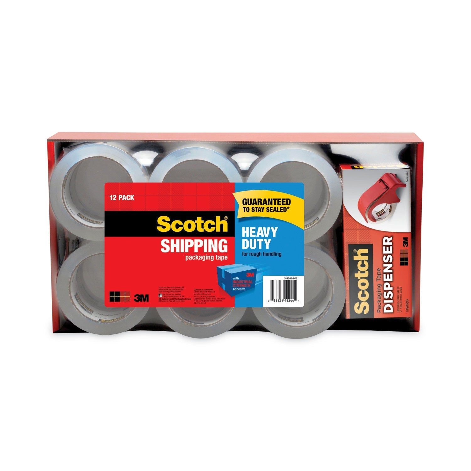 Scotch® 3850 Heavy-Duty Packaging Tape With Dp300 Dispenser, 3" Core, 1.88" X 54.6 Yds, Clear, 12/pack