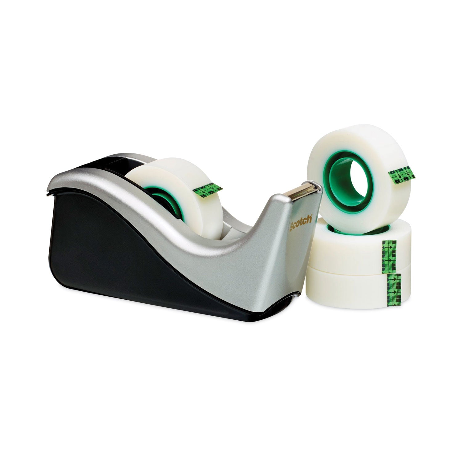Scotch® Value Desktop Tape Dispenser, Attached 1" Core, Black/silver