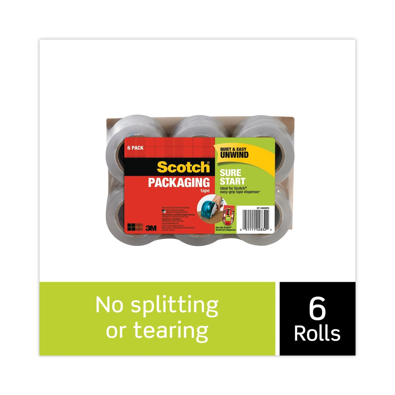 Scotch® Sure Start Packaging Tape For Dp1000 Dispensers, 1.5" Core, 1.88" X 75 Ft, Clear, 6/pack