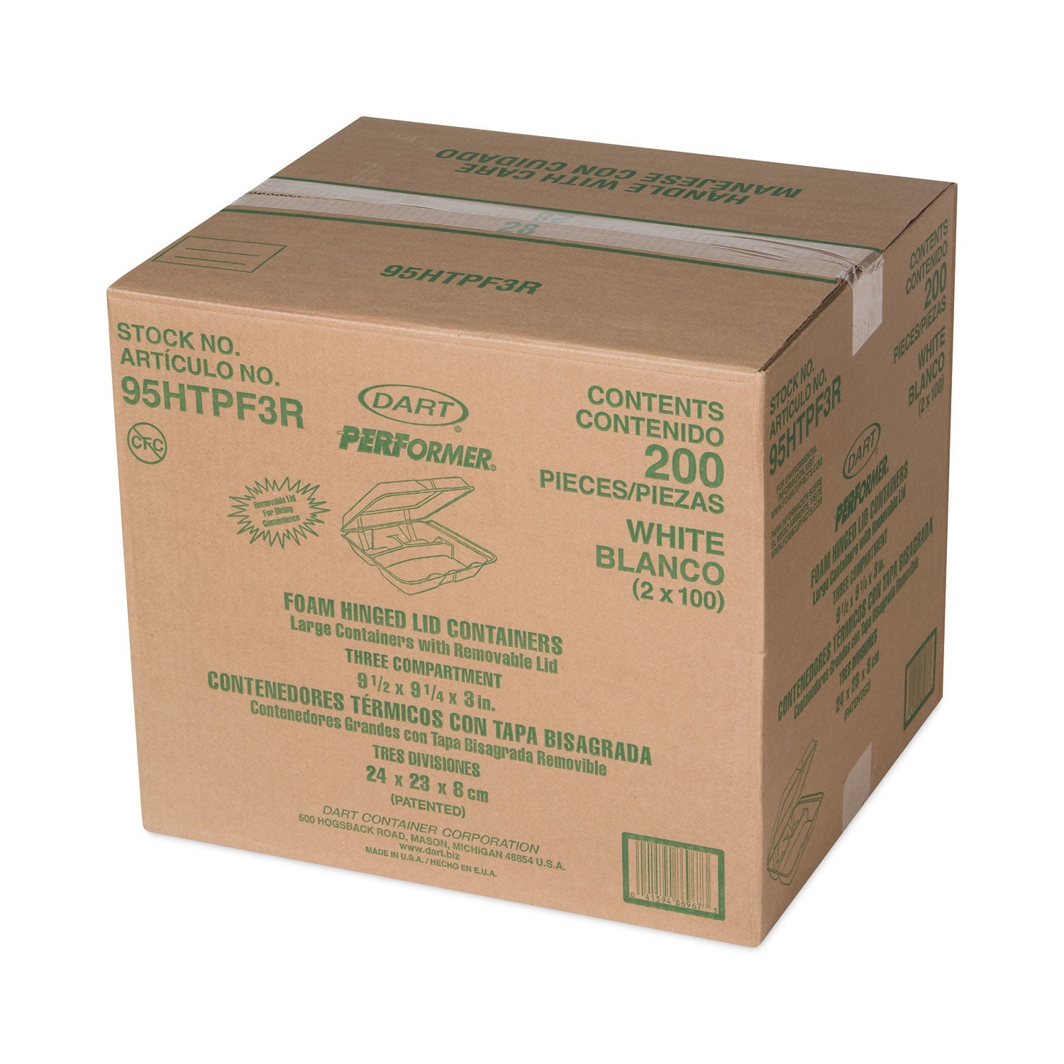 Dart® Foam Hinged Lid Container, 3 Compartments, 9.3 x 9.5 x 3, White, 100/Bag, 2 Bag/Carton