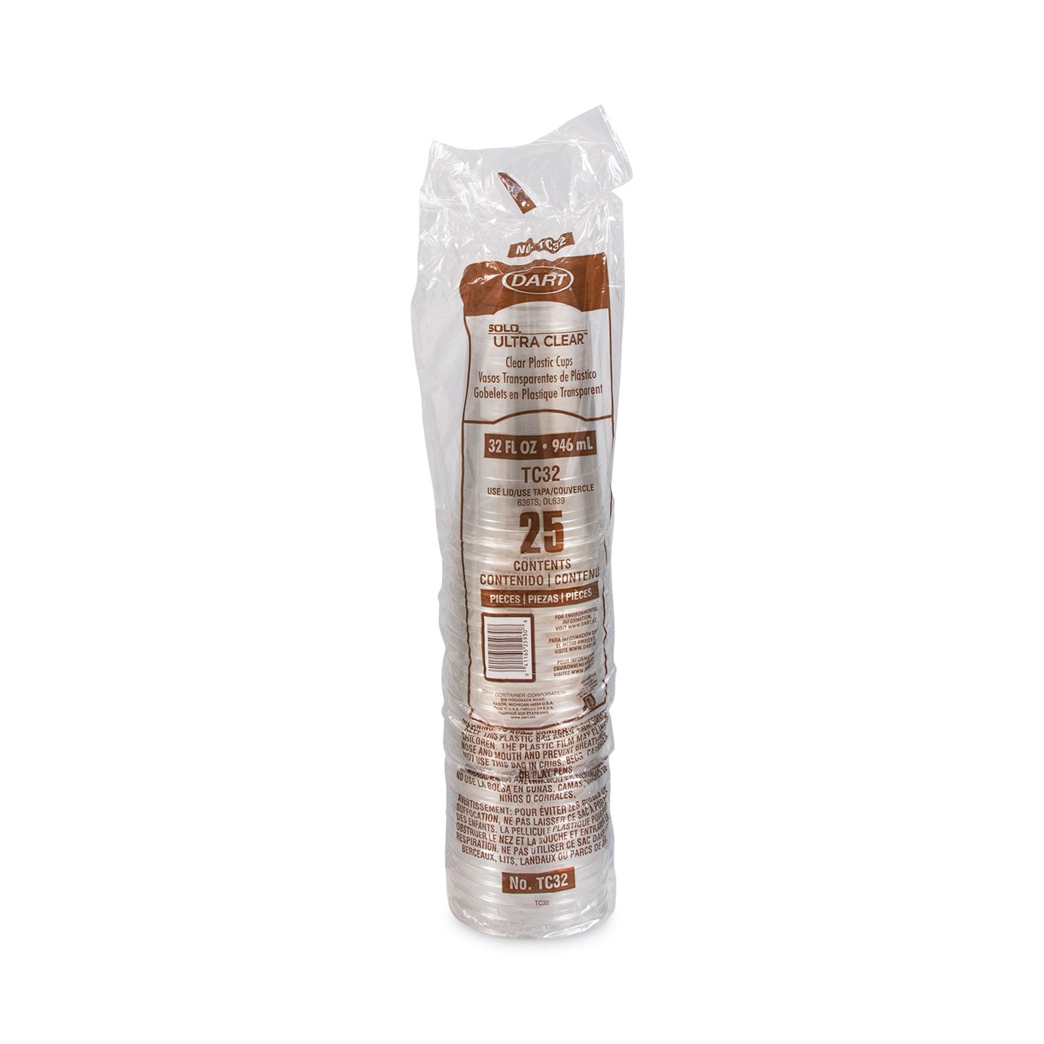 Dart® Ultra Clear PETE Cold Cups, 32 oz, Plastic, Clear, 300/Carton