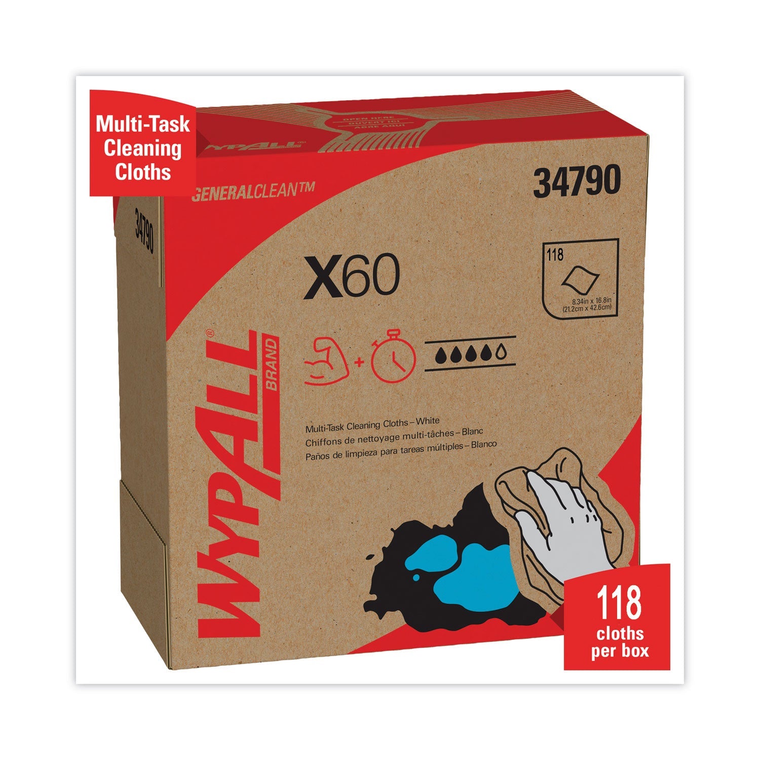 WypAll® General Clean X60 Cloths, POP-UP Box, 8.34 x 16.8, White, 118/Box, 10 Boxes/Carton