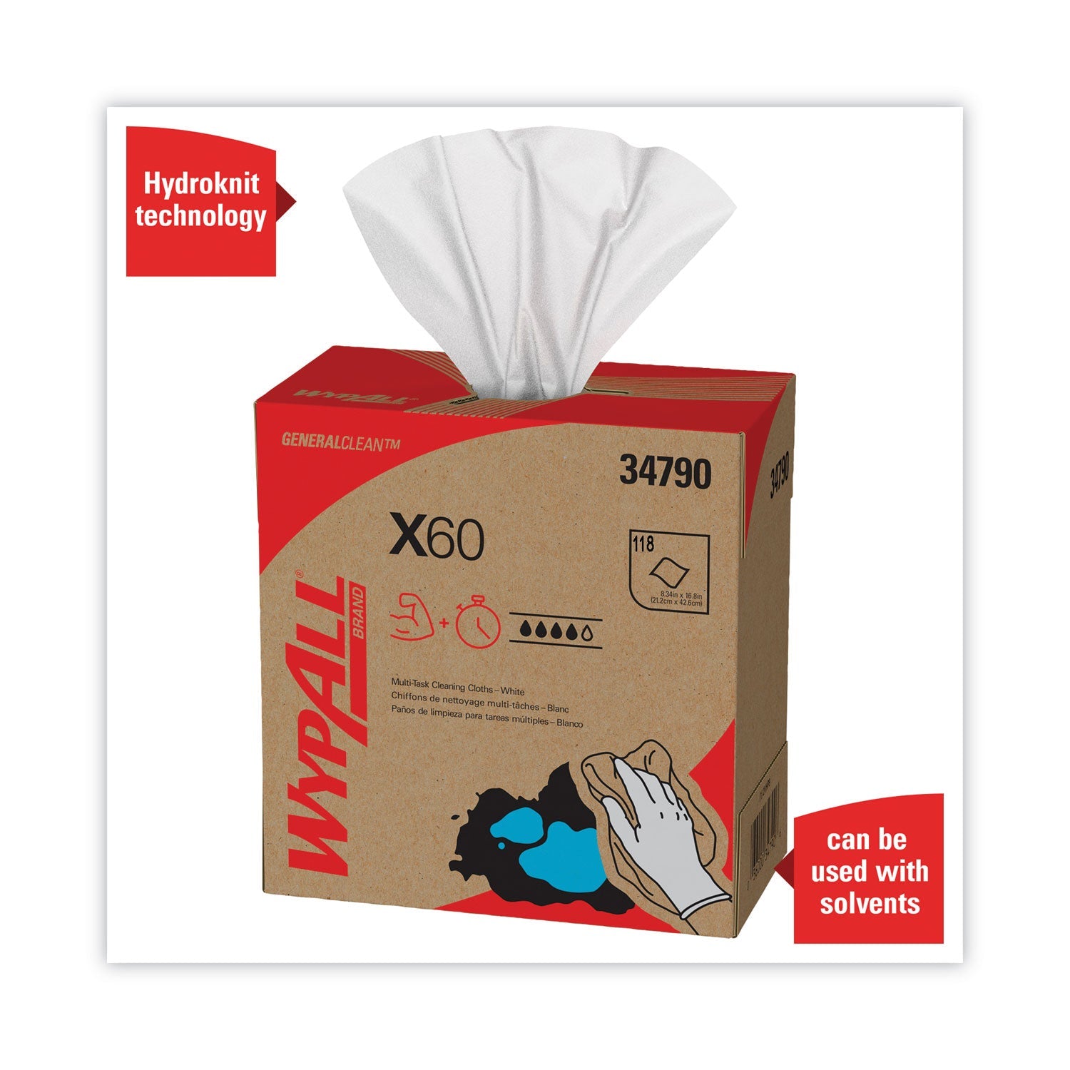 WypAll® General Clean X60 Cloths, POP-UP Box, 8.34 x 16.8, White, 118/Box, 10 Boxes/Carton