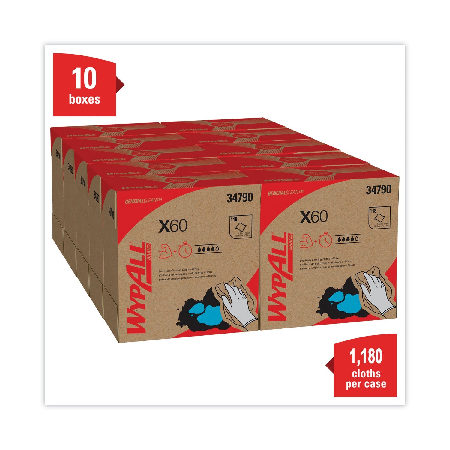 WypAll® General Clean X60 Cloths, POP-UP Box, 8.34 x 16.8, White, 118/Box, 10 Boxes/Carton