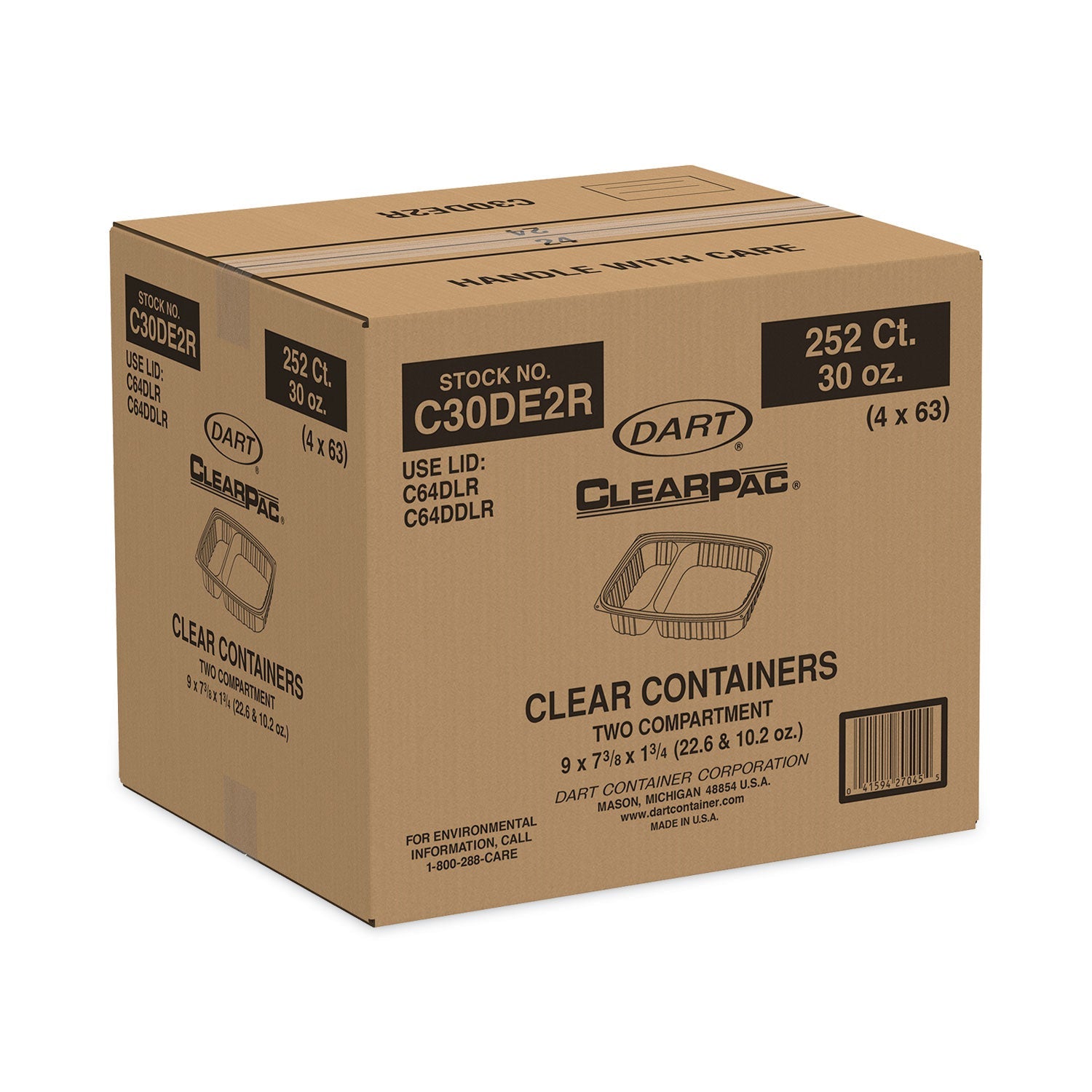 Dart® ClearPac Containers, 2 Compartments, 32.8 oz, 7.4 x 9 x 1.7, Clear, Plastic, 63/Pack, 4 Packs/Carton - Bloom Skins