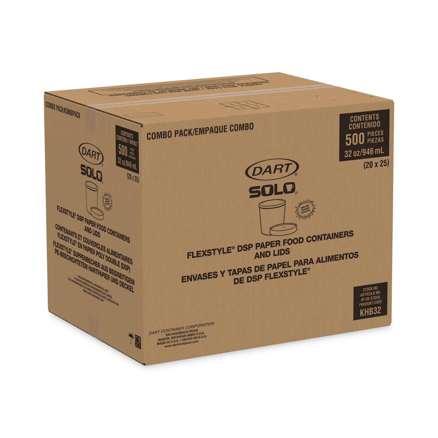 SOLO® Flexstyle Double Poly Food Combo Packs, 32 oz, White, Paper, 25 Cups and 25 Lids/Pack, 10 Packs/Carton