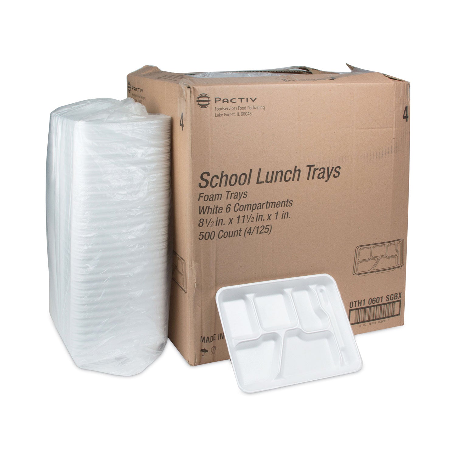Pactiv Evergreen Foam School Trays, 6-Compartment Tray, 8.5 x 11.5 x 1.25, White, 500/Carton