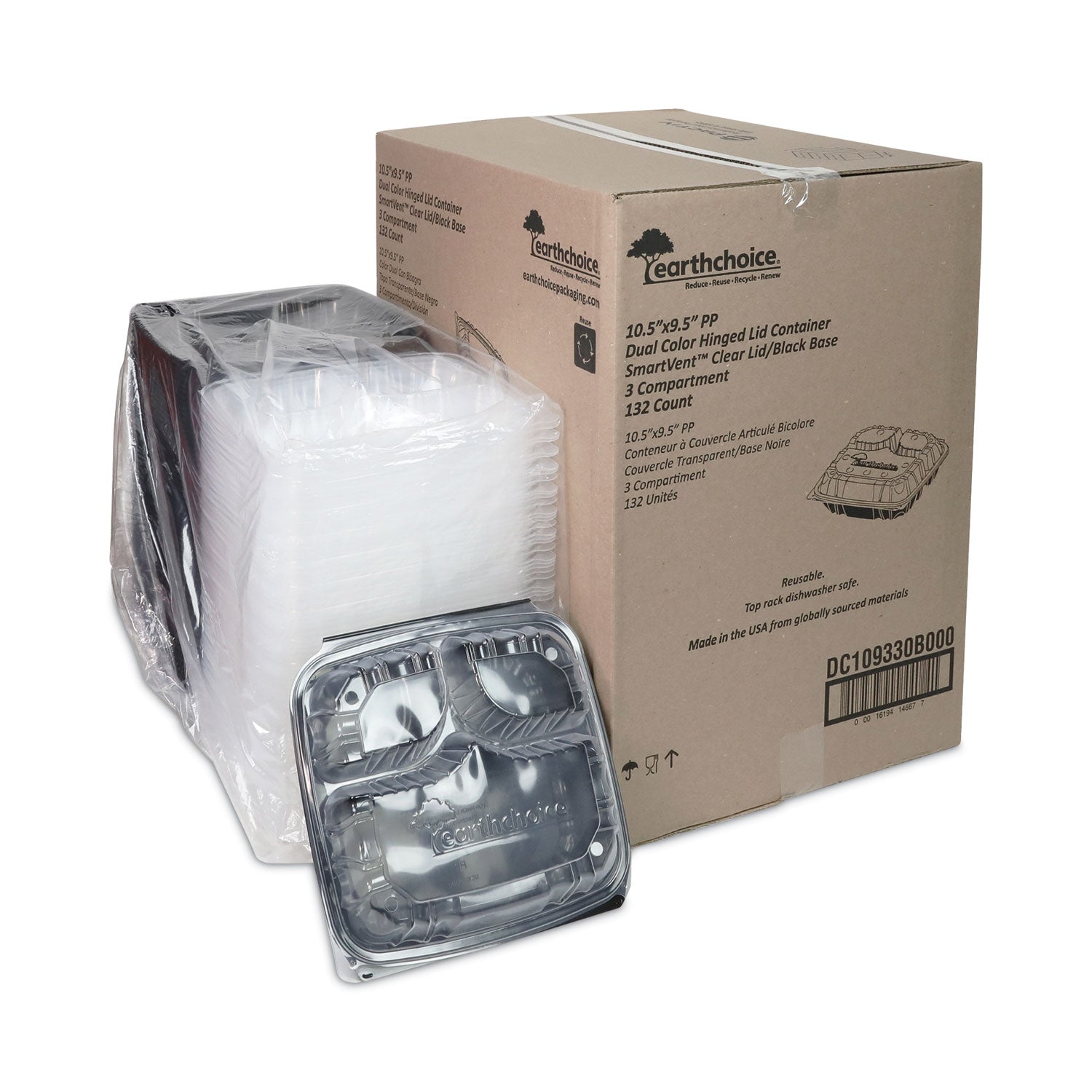 Pactiv Evergreen EarthChoice Vented Dual Color Microwavable Hinged Lid Container, 3-Compartment Base/Lid, 34 oz, Black/Clear, Plastic, 132/CT - Bloom Skins