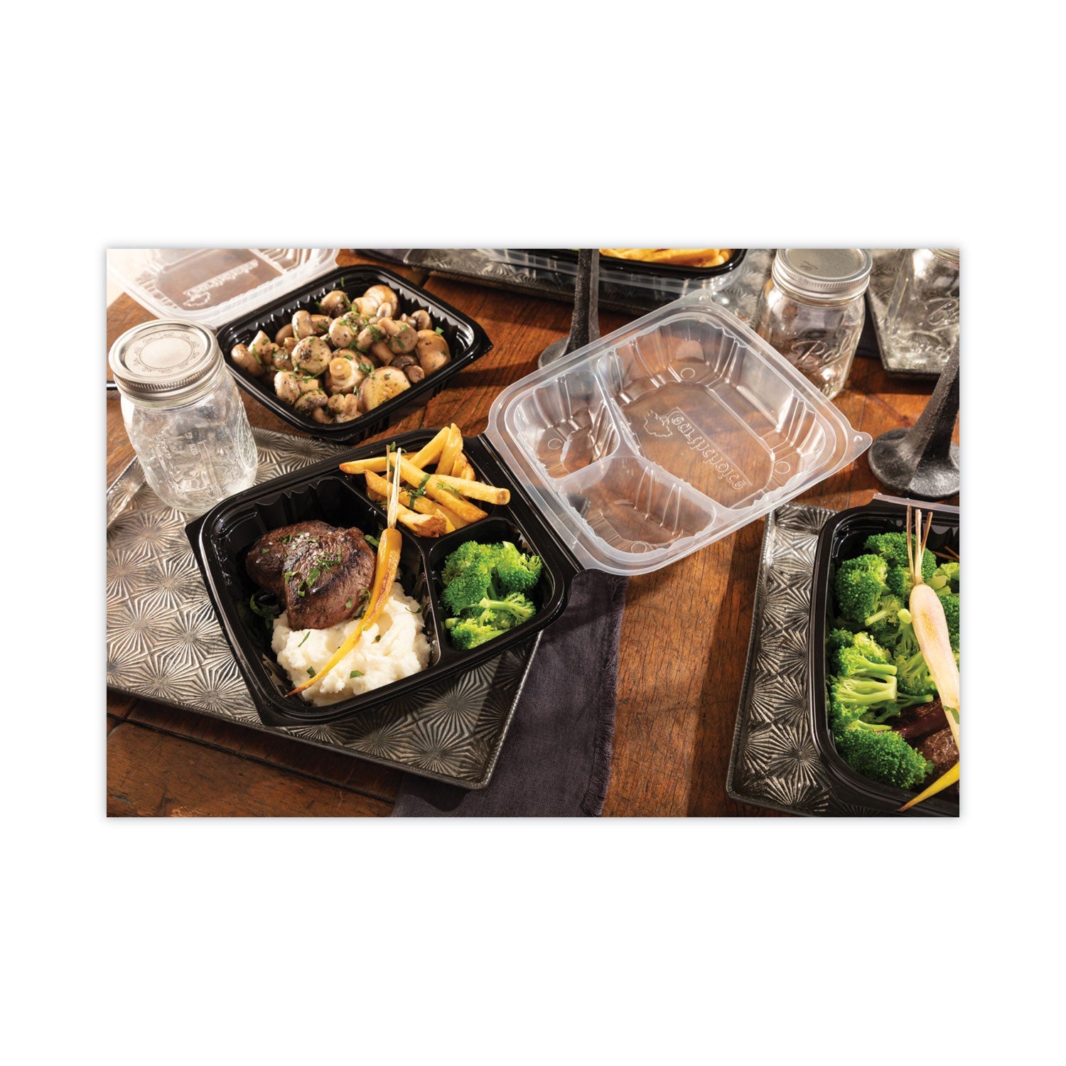 Pactiv Evergreen EarthChoice Vented Dual Color Microwavable Hinged Lid Container, 3-Compartment Base/Lid, 34 oz, Black/Clear, Plastic, 132/CT - Bloom Skins