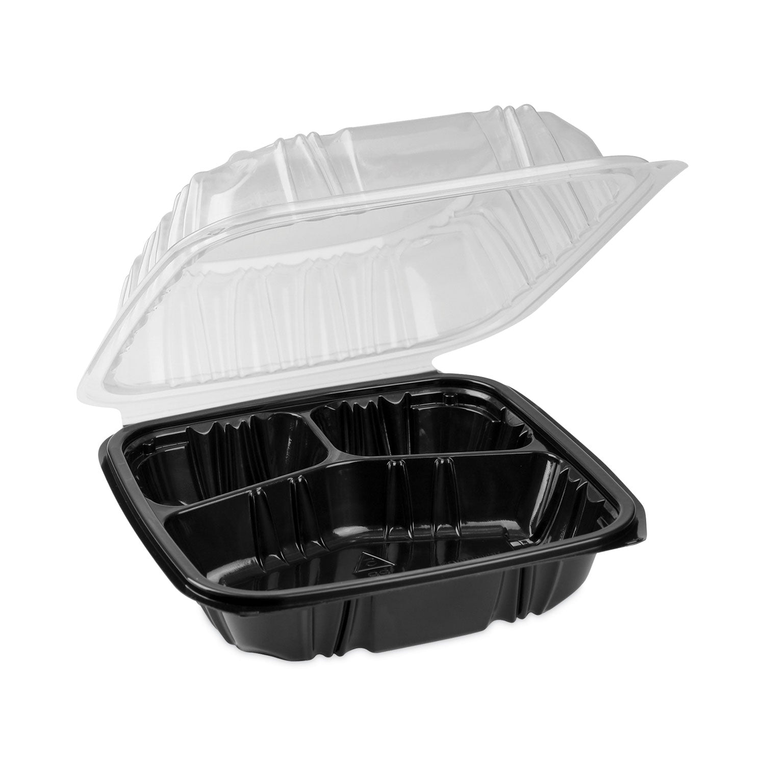 Pactiv Evergreen EarthChoice Vented Dual Color Microwavable Hinged Lid Container, 3 Compartments, 21 oz, Black/Clear, Plastic, 150/Carton