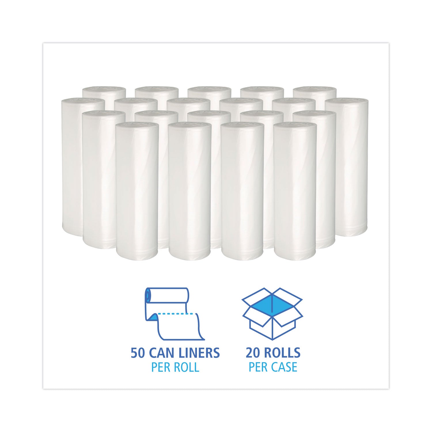 Boardwalk® High-Density Can Liners, 10 gal, 6 mic, 24" x 23", Natural, Perforated Roll, 50 Bags/Roll, 20 Rolls/Carton