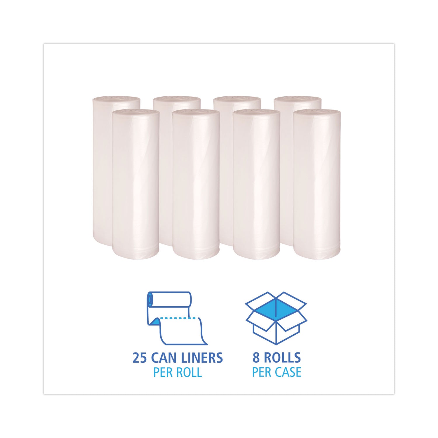 Boardwalk® High-Density Can Liners, 60 gal, 14 mic, 38" x 58", Natural, Perforated Roll, 25 Bags/Roll, 8 Rolls/Carton