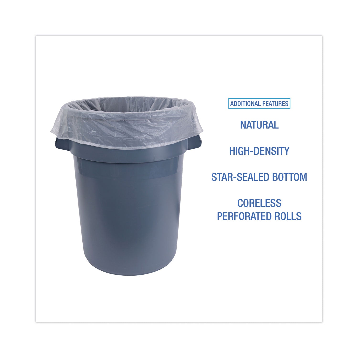 Boardwalk® High-Density Can Liners, 60 gal, 14 mic, 38" x 58", Natural, Perforated Roll, 25 Bags/Roll, 8 Rolls/Carton