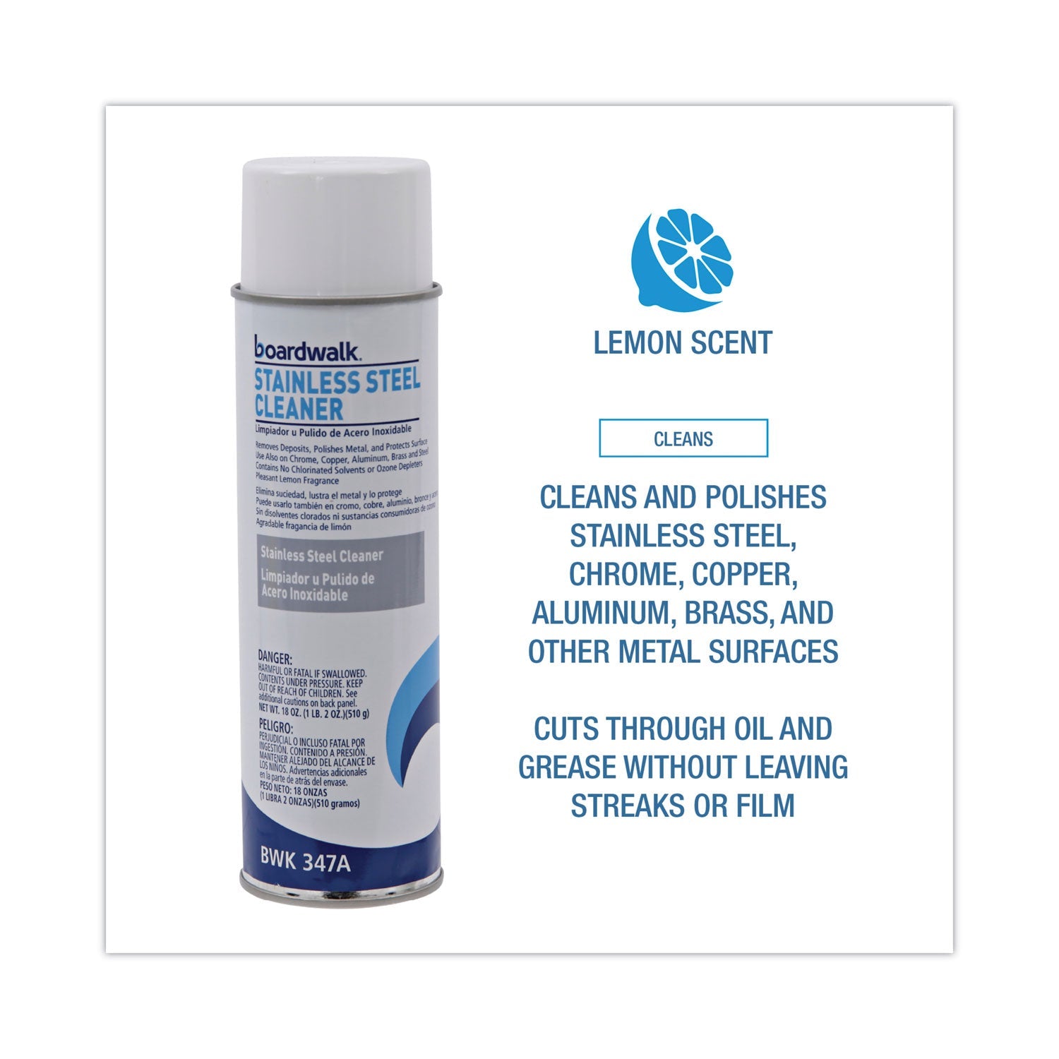 Boardwalk® Stainless Steel Cleaner and Polish, Water-in-Oil Based, Lemon Scent, 16 oz Aerosol Spray