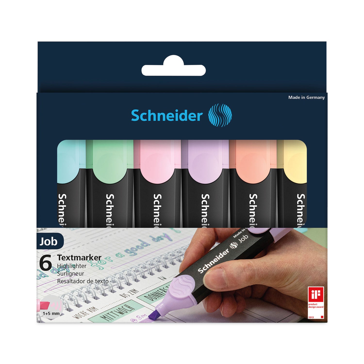 Schneider® Job Pastel Highlighters, Chisel Tip (1mm/5mm), Assorted Ink Colors, Black/Assorted Barrel Colors, 6/Pack