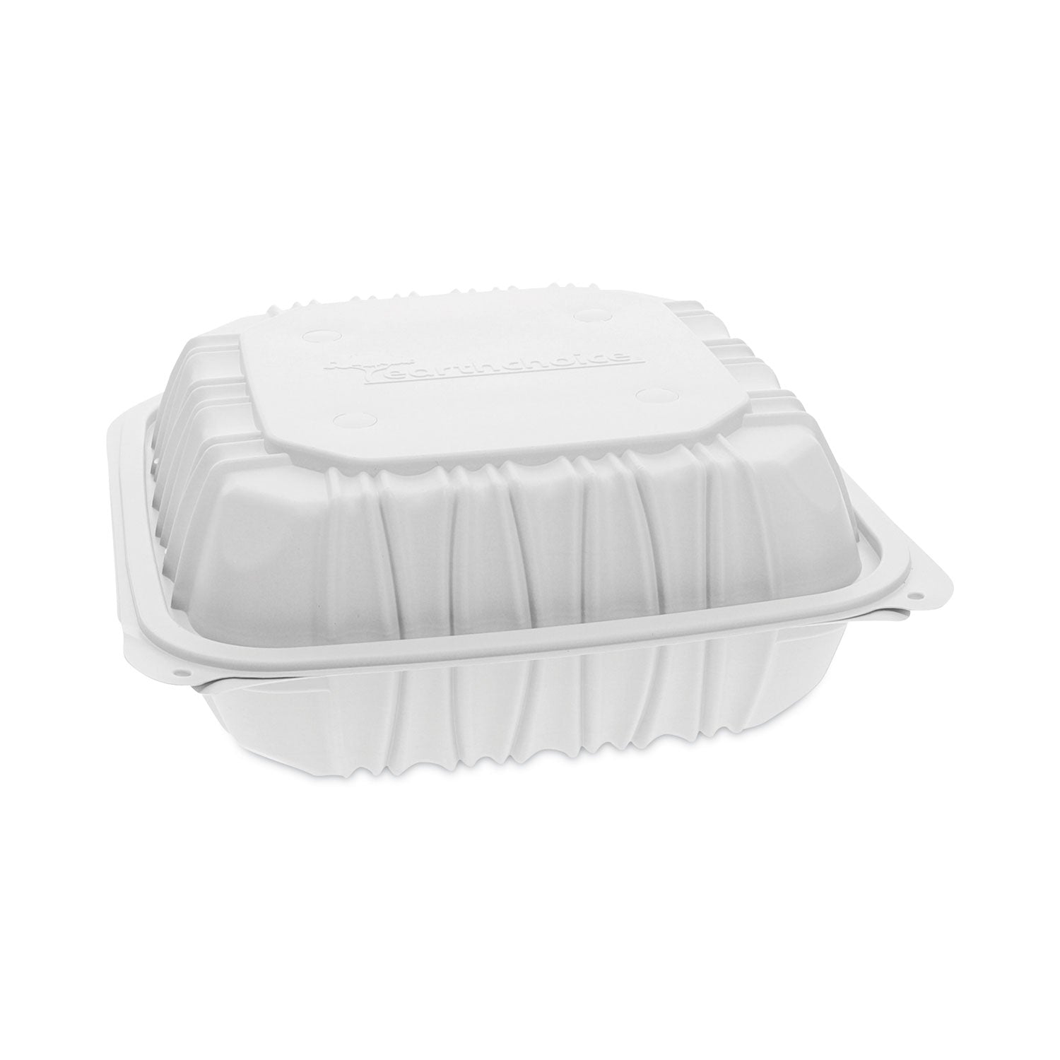 Pactiv Evergreen EarthChoice Vented Microwavable MFPP Hinged Lid Container, 3 Compartments, 8.5 x 8.5 x 3.1, White, Plastic, 146/Carton