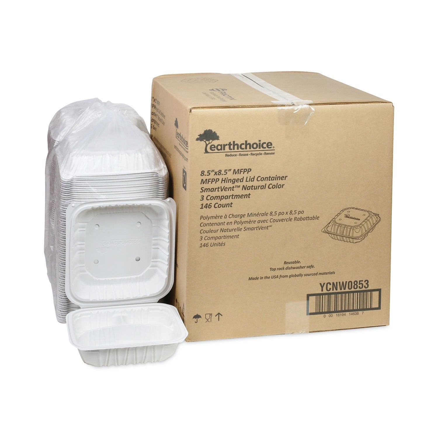 Pactiv Evergreen EarthChoice Vented Microwavable MFPP Hinged Lid Container, 3 Compartments, 8.5 x 8.5 x 3.1, White, Plastic, 146/Carton