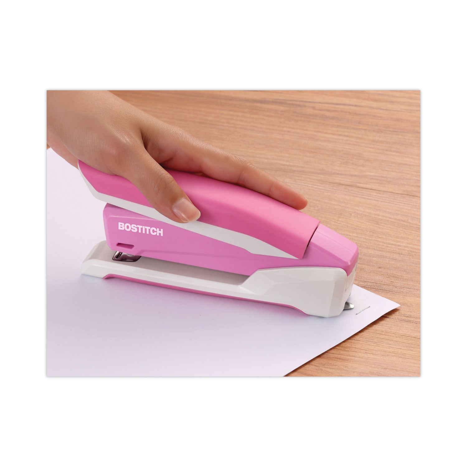 Bostitch® InCourage Spring-Powered Desktop Stapler with Antimicrobial Protection, Breast Cancer Awareness, 20-Sheet Capacity, Pink/Gray