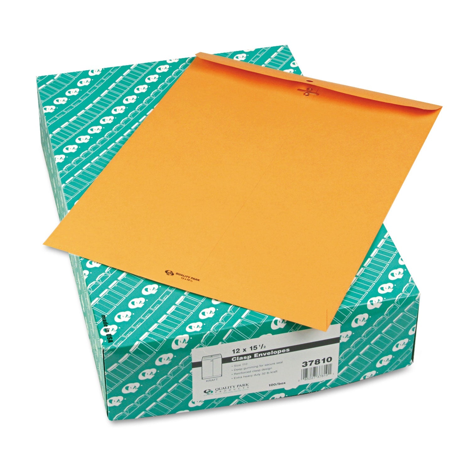 Quality Park™ Clasp Envelope, 32 lb Bond Weight Kraft, #15 1/2, Square Flap, Clasp/Gummed Closure, 12 x 15.5, Brown Kraft, 100/Box