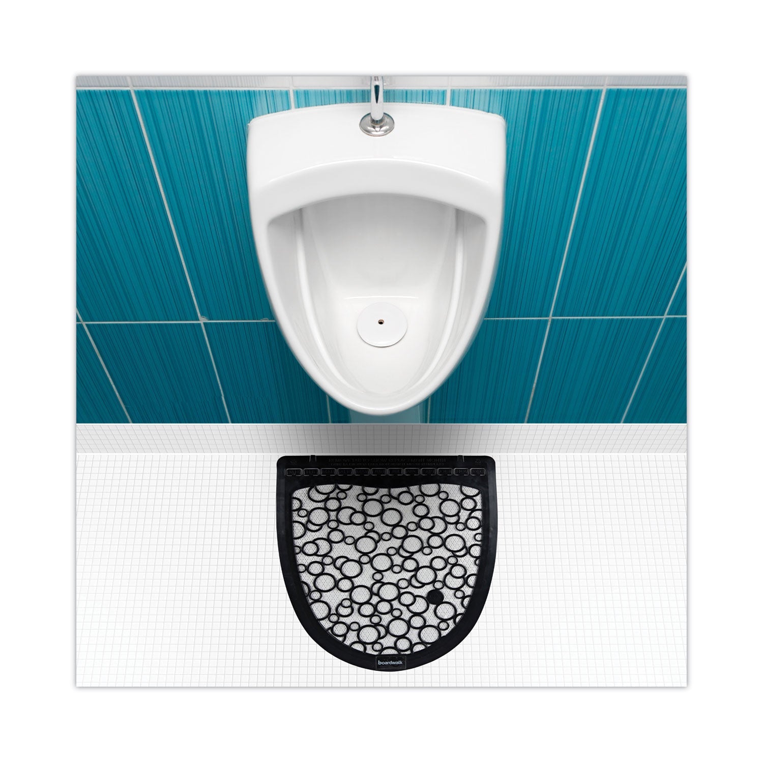 Boardwalk® Disposable Urinal Floor Mat 2.0, Slip-Resistant Rubber, 17.5 x 20, Black/White, 6/Carton - Bloom Skins